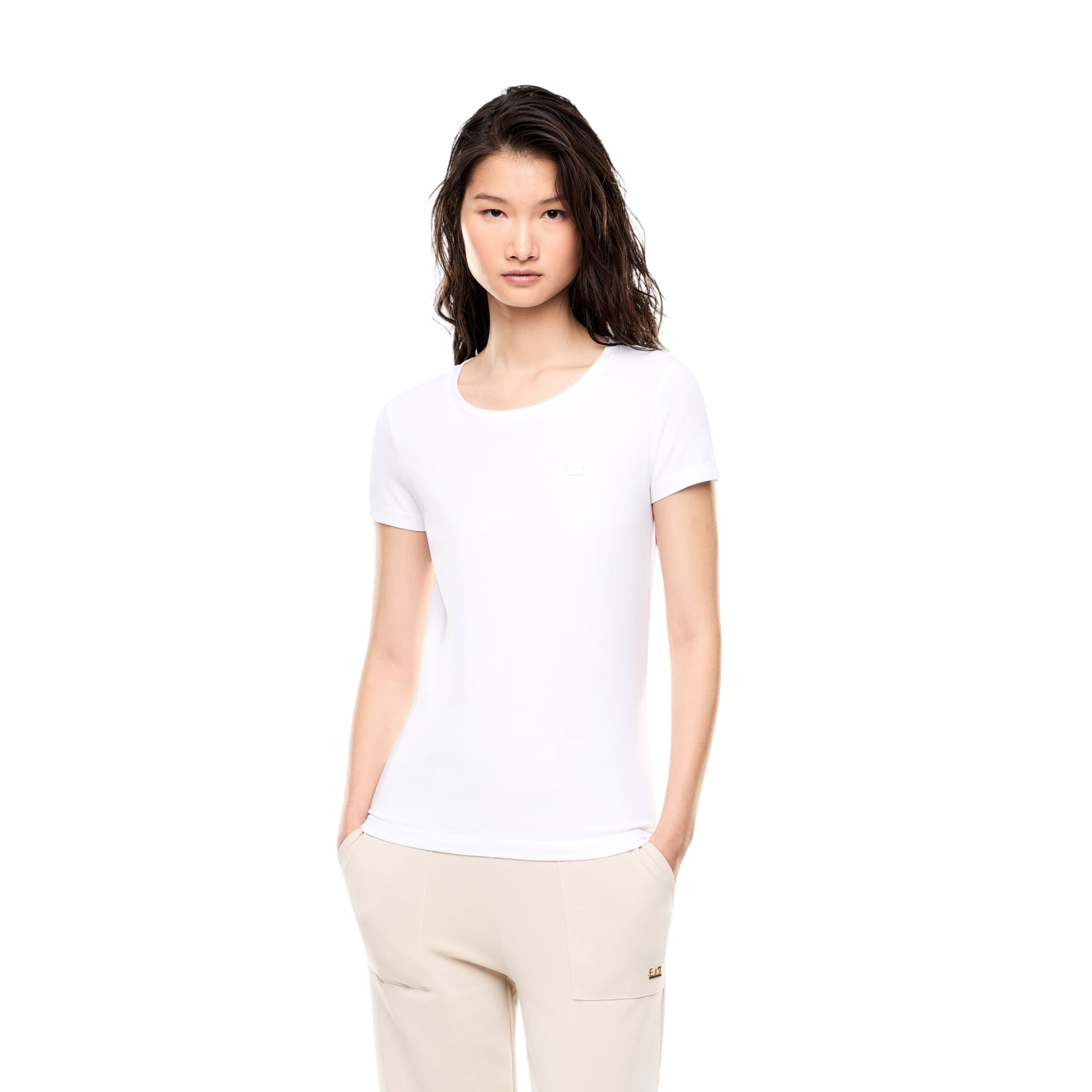 T-shirt Donna Bianca elasticizzata, con logo applicato