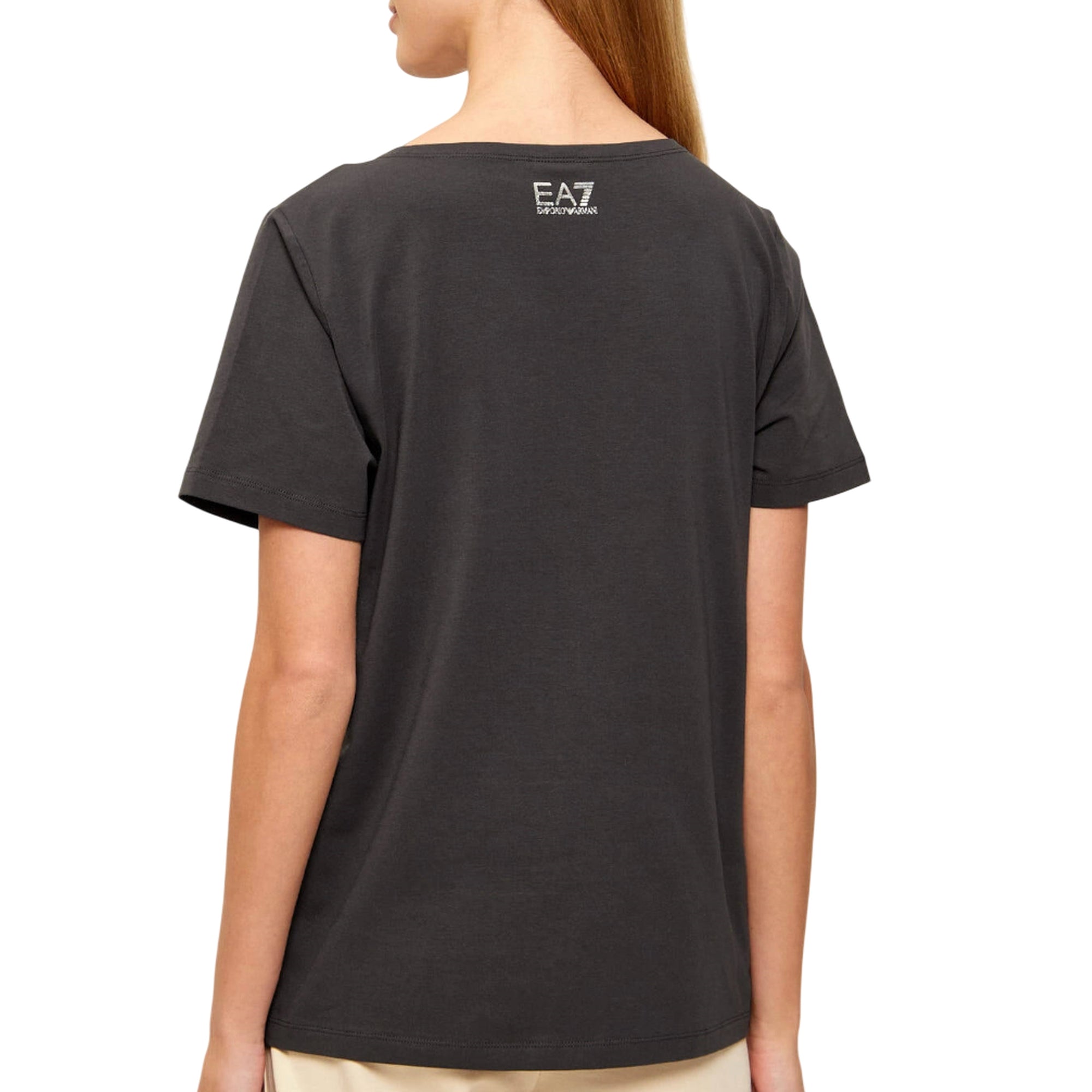 T-shirt Donna Grigia in cotone, con logo strass e girocollo