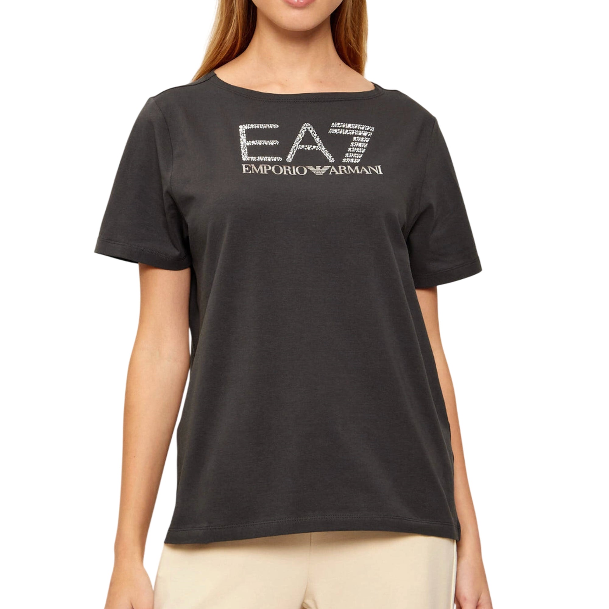 T-shirt Donna Grigia in cotone, con logo strass e girocollo