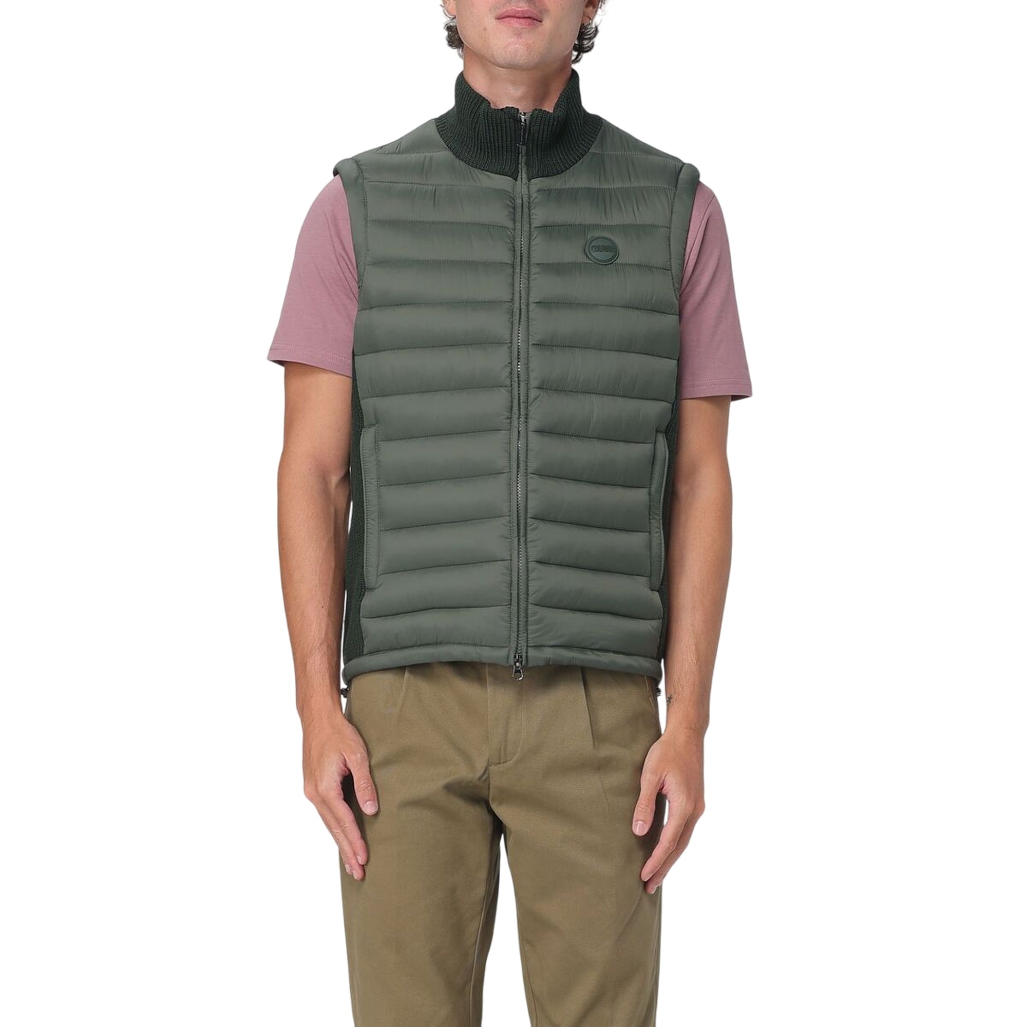 Gilet Uomo Verde con collo alto in maglia e logo applicato sul petto