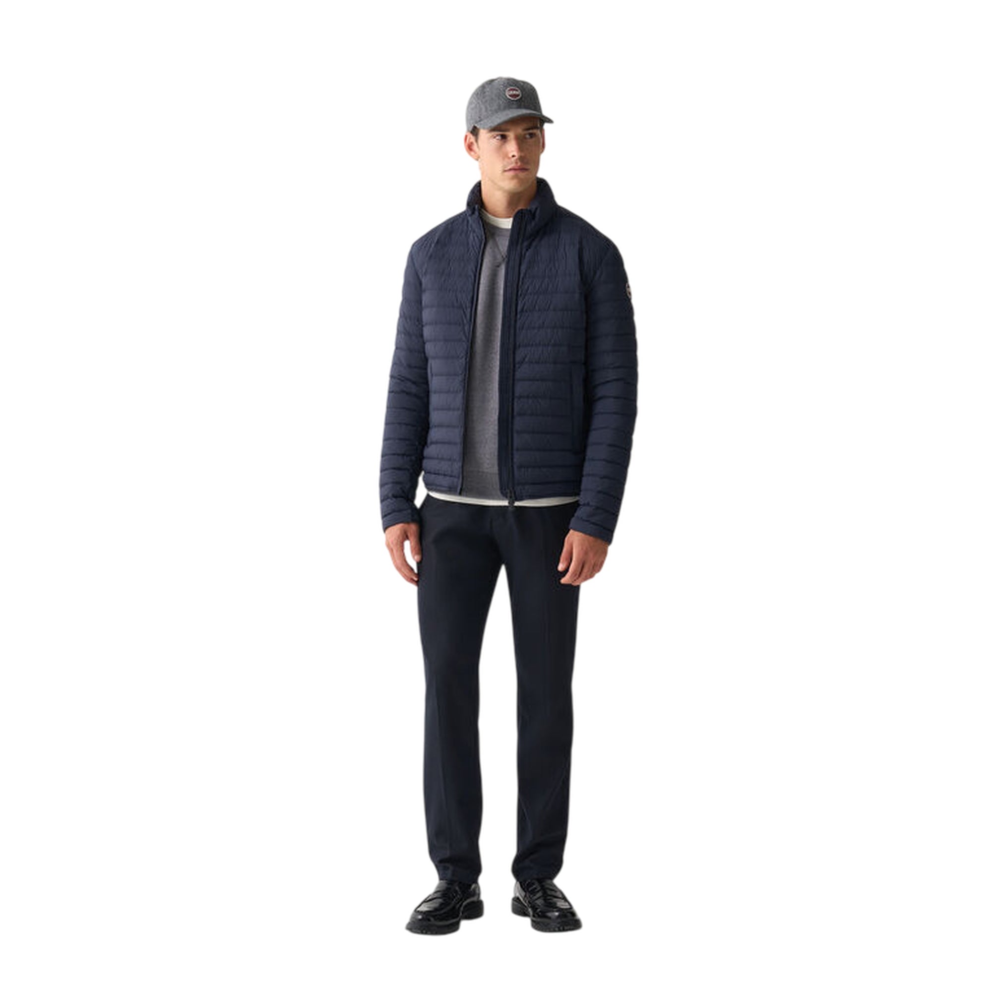 Piumino Uomo leggero Blu, con collo alto ed impunture a righe orizzontali