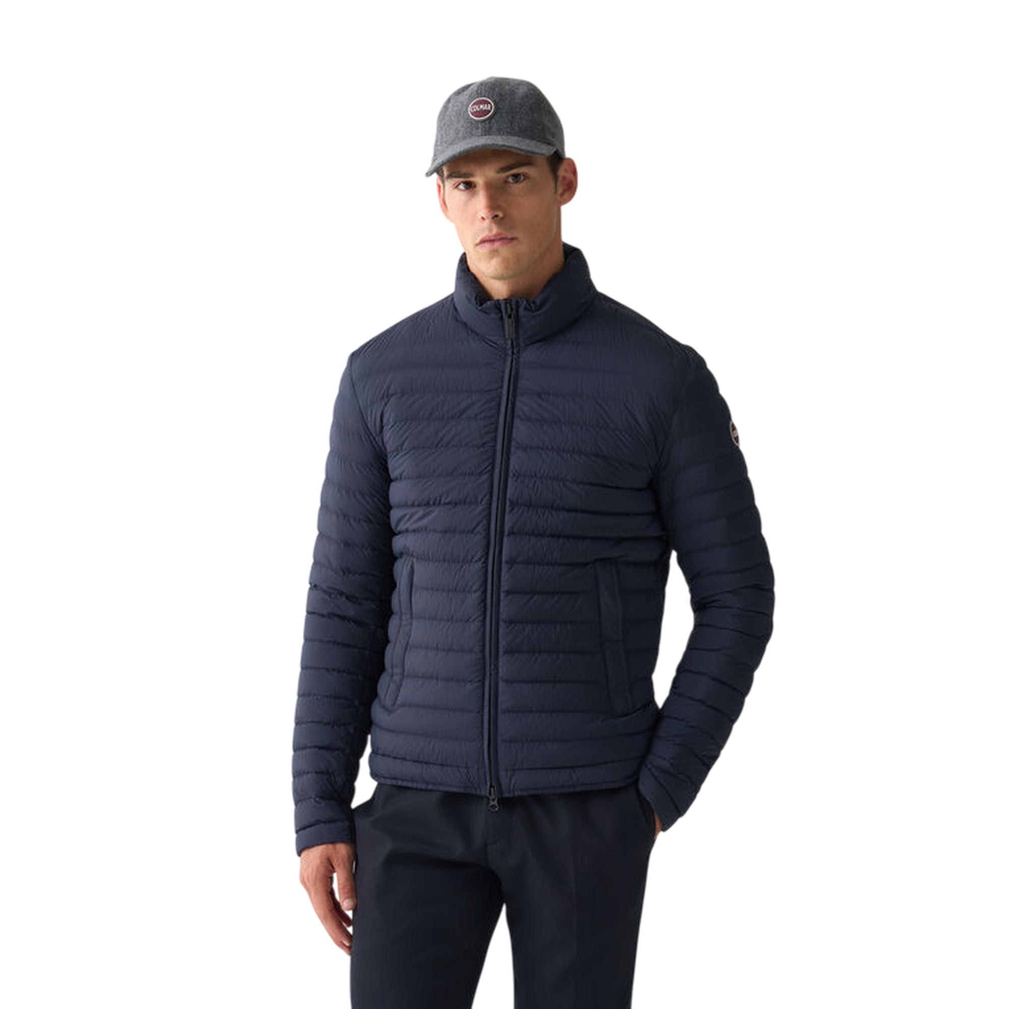 Piumino Uomo leggero Blu, con collo alto ed impunture a righe orizzontali