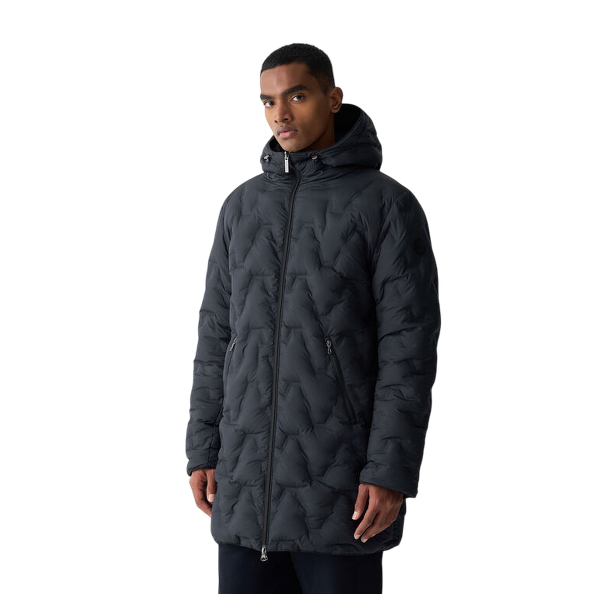 Piumino Uomo lungo reversibile, con lato dotato di impunture geometriche e lato liscio