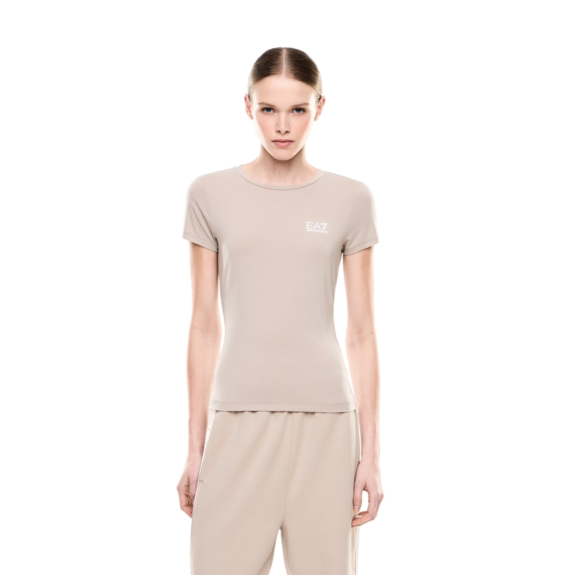 T-shirt Donna Beige in misto viscosa, con doppio logo