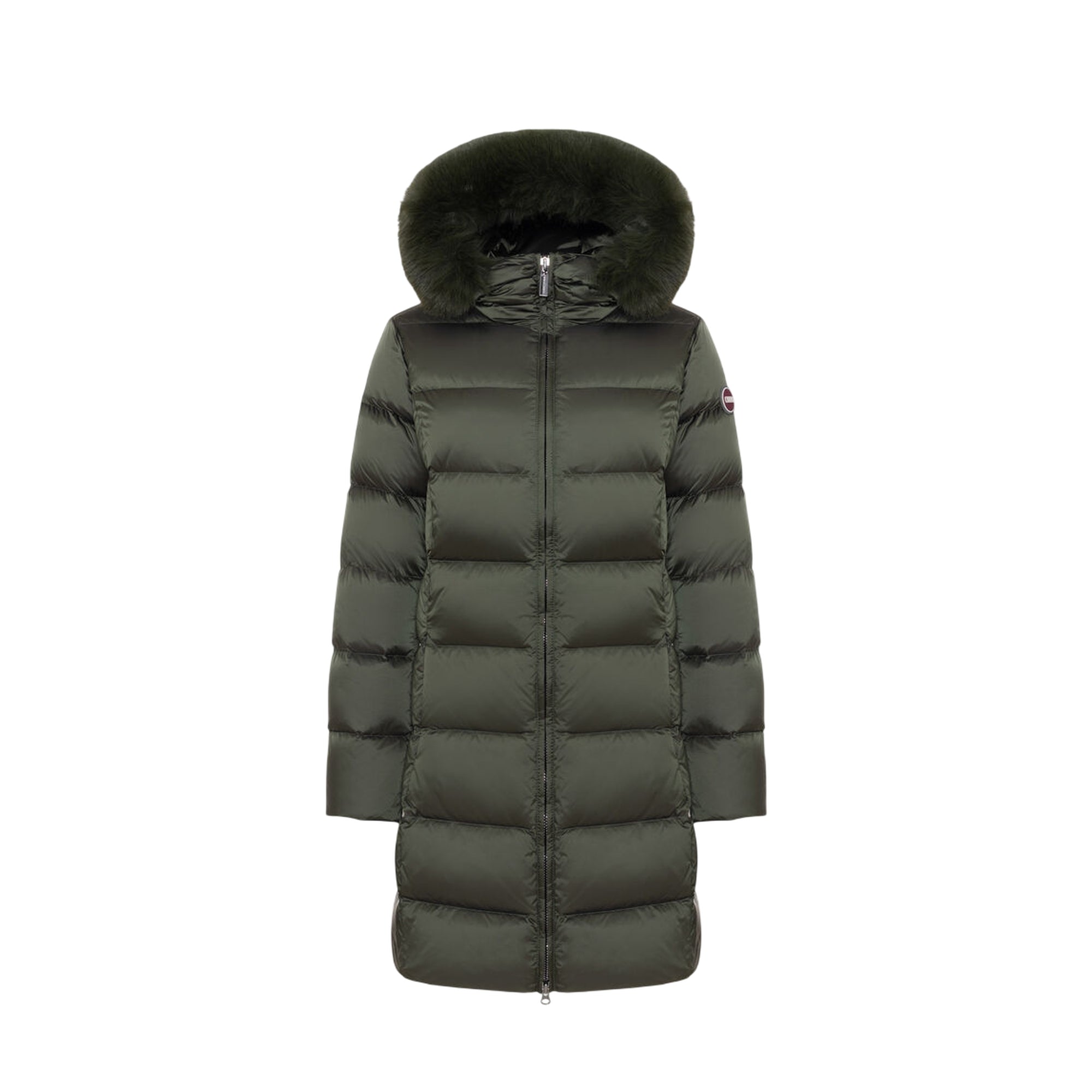 Piumino Donna lungo, con impunture orizzontali e cappuccio con pelliccia