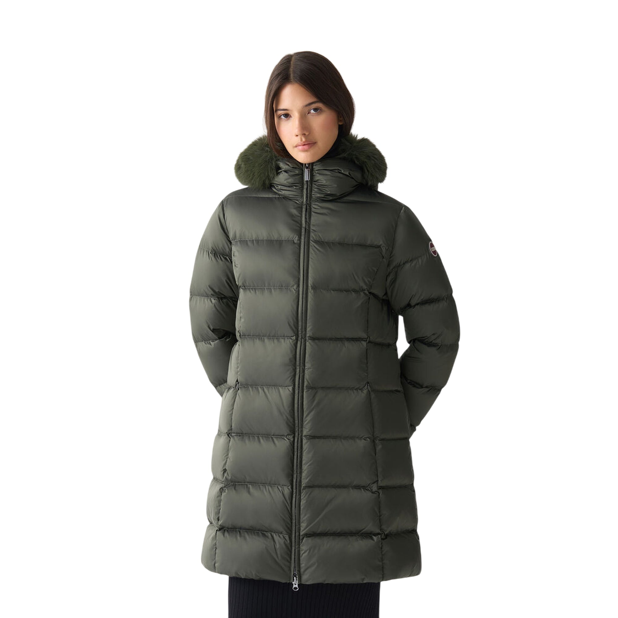 Piumino Donna lungo, con impunture orizzontali e cappuccio con pelliccia