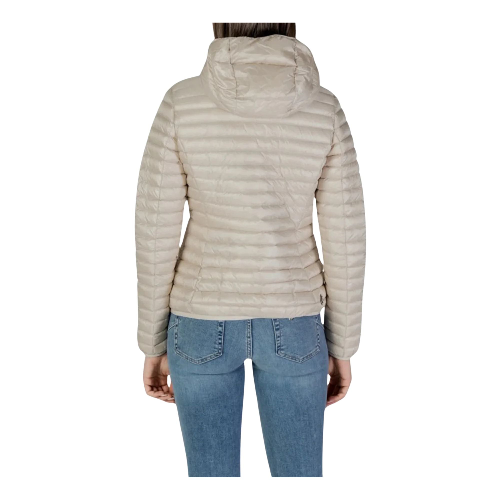 Piumino Donna corto a tinta unita, con cappuccio e logo applicato sulla manica