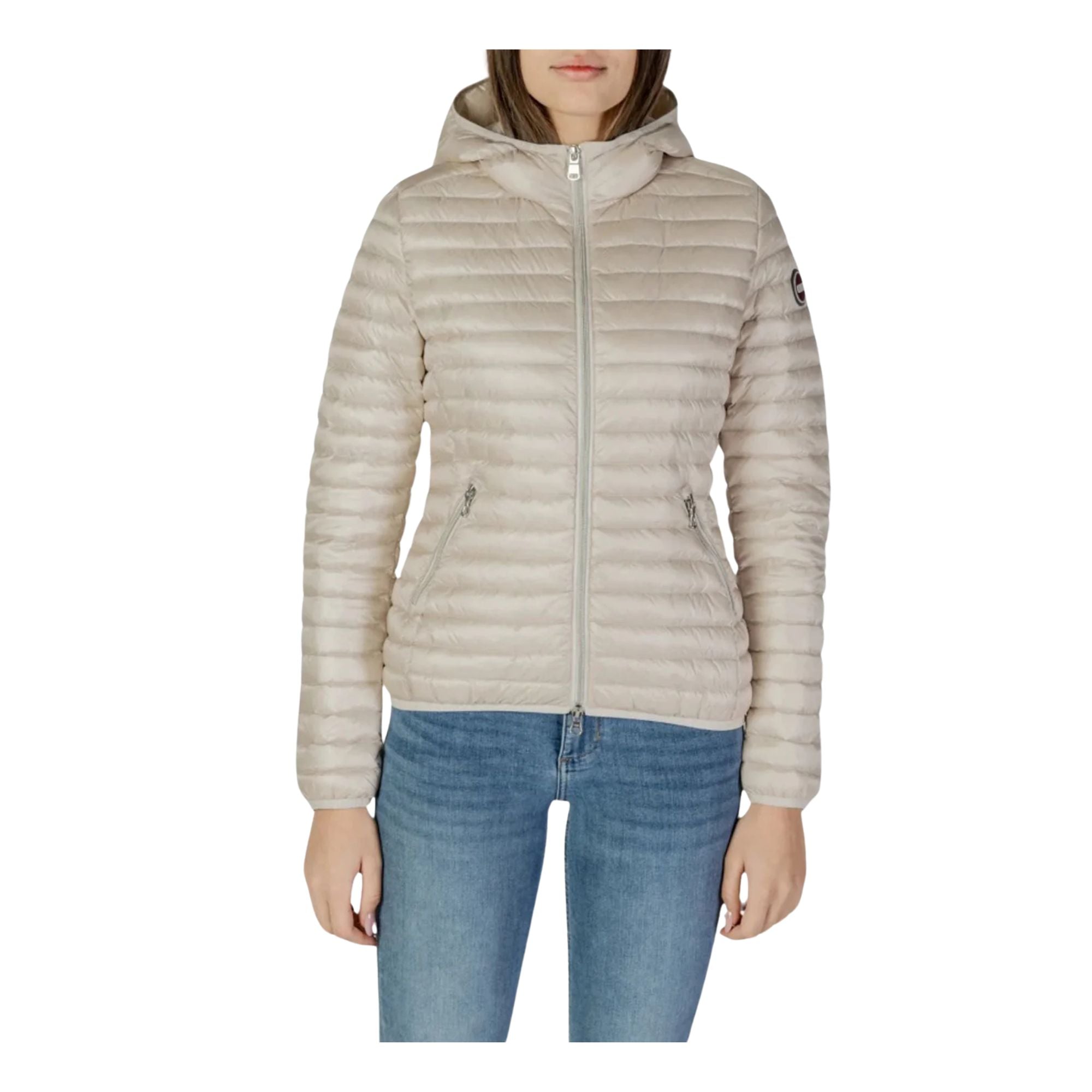 Piumino Donna corto a tinta unita, con cappuccio e logo applicato sulla manica