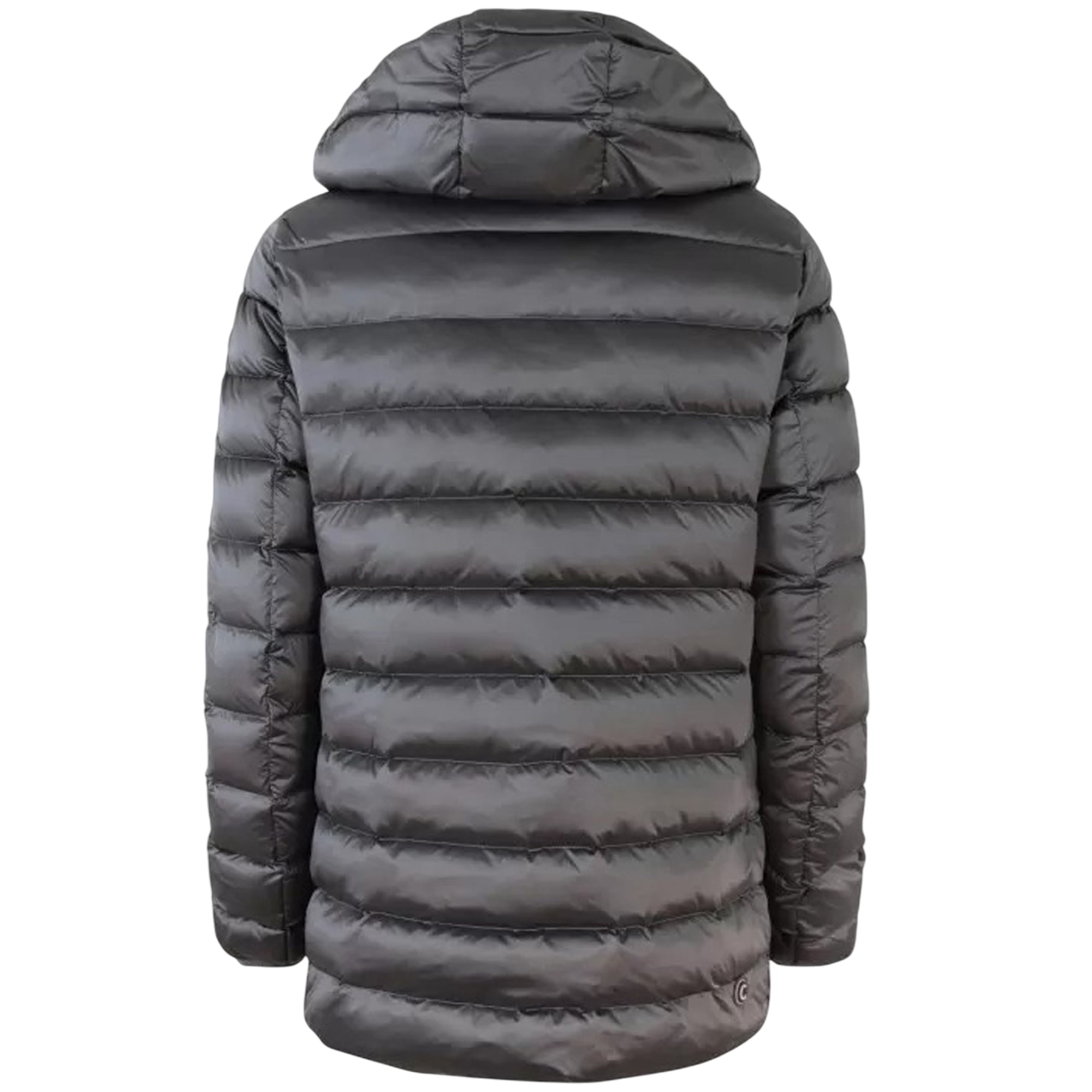 Piumino Donna lungo Grigio, sciancrato, con cappuccio dotato di coulisse