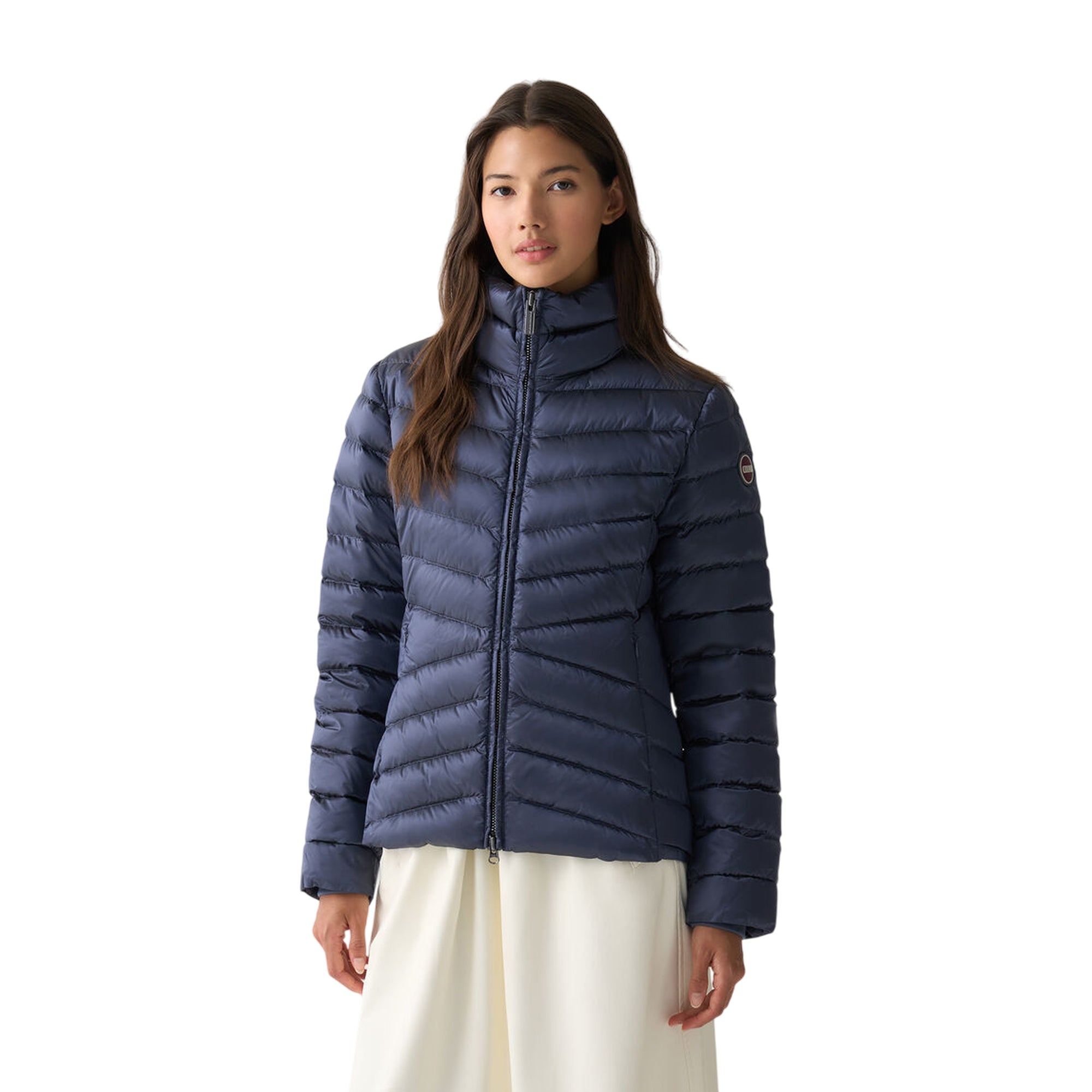 Piumino Donna corto Blu, a collo alto, con imbottitura in piumino d'anatra