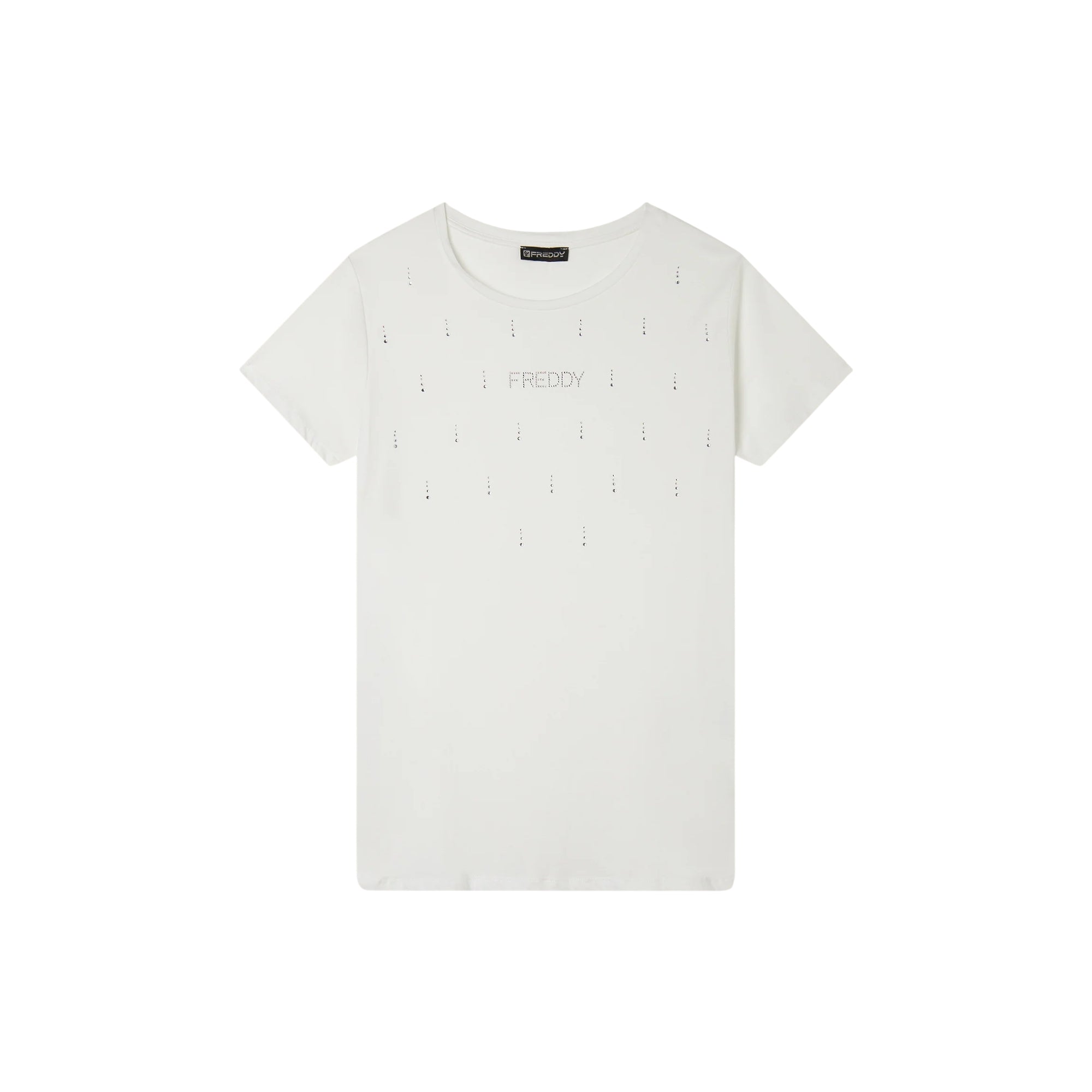 T-Shirt in jersey modal con Strass e Taglio Arrotondato