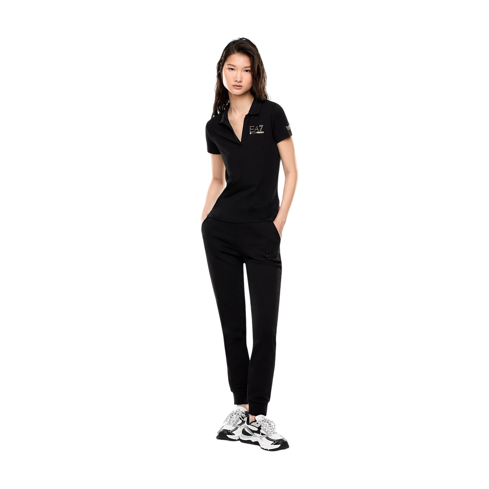 Polo Donna con scollo a V e logo borchie