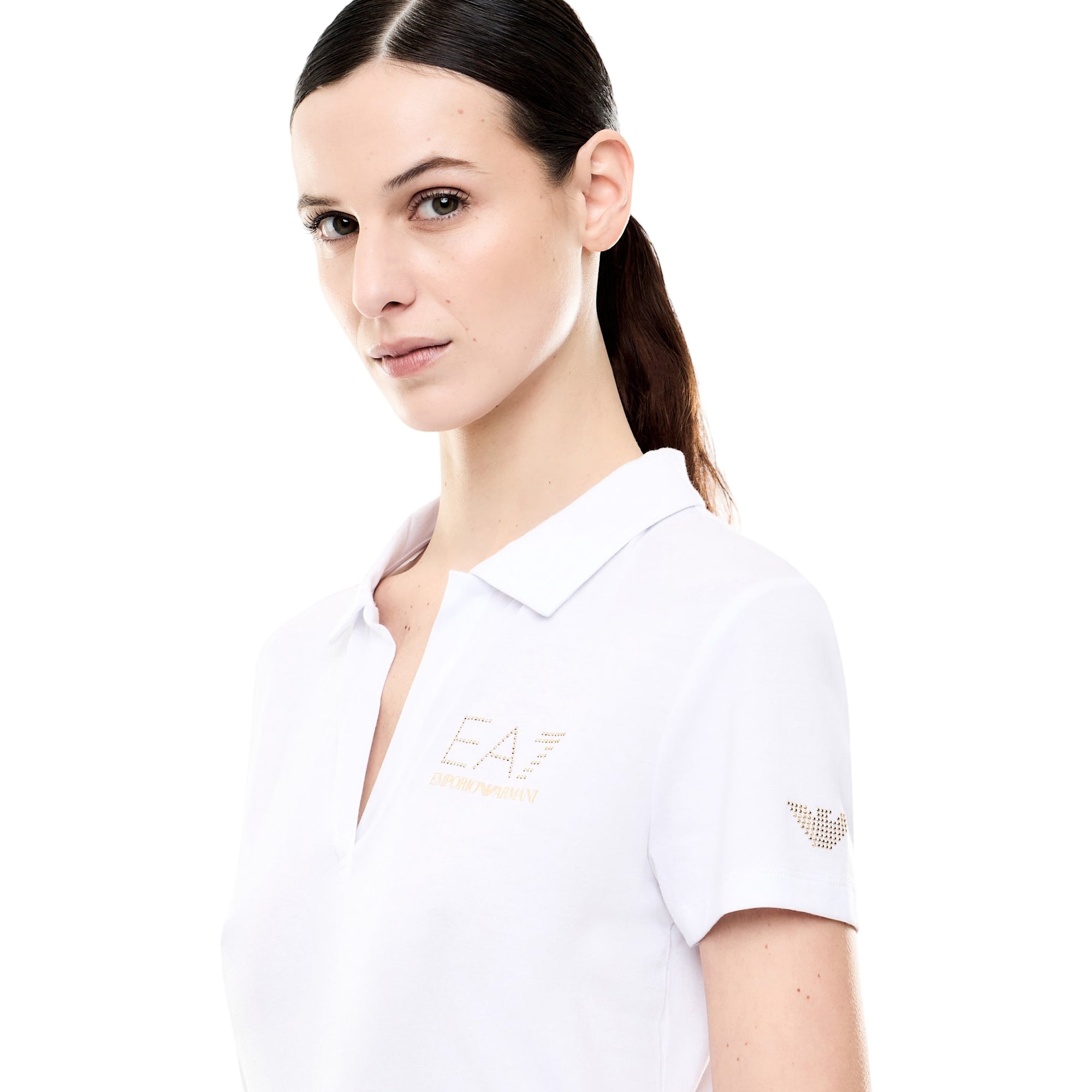 Polo Donna aderente, con scollo a V e logo borchie