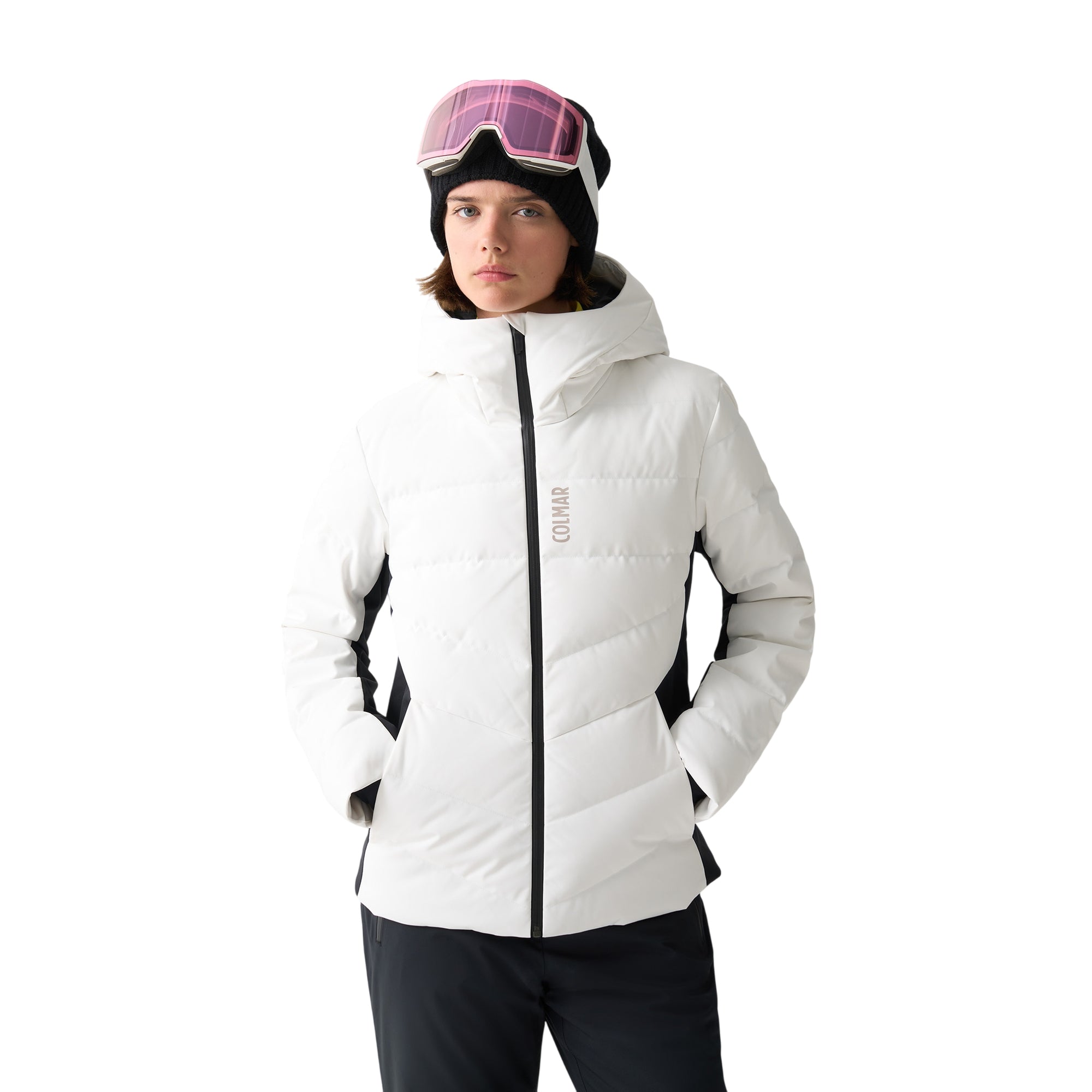 Piumino Donna da sci Shamping Bianco modella frontale