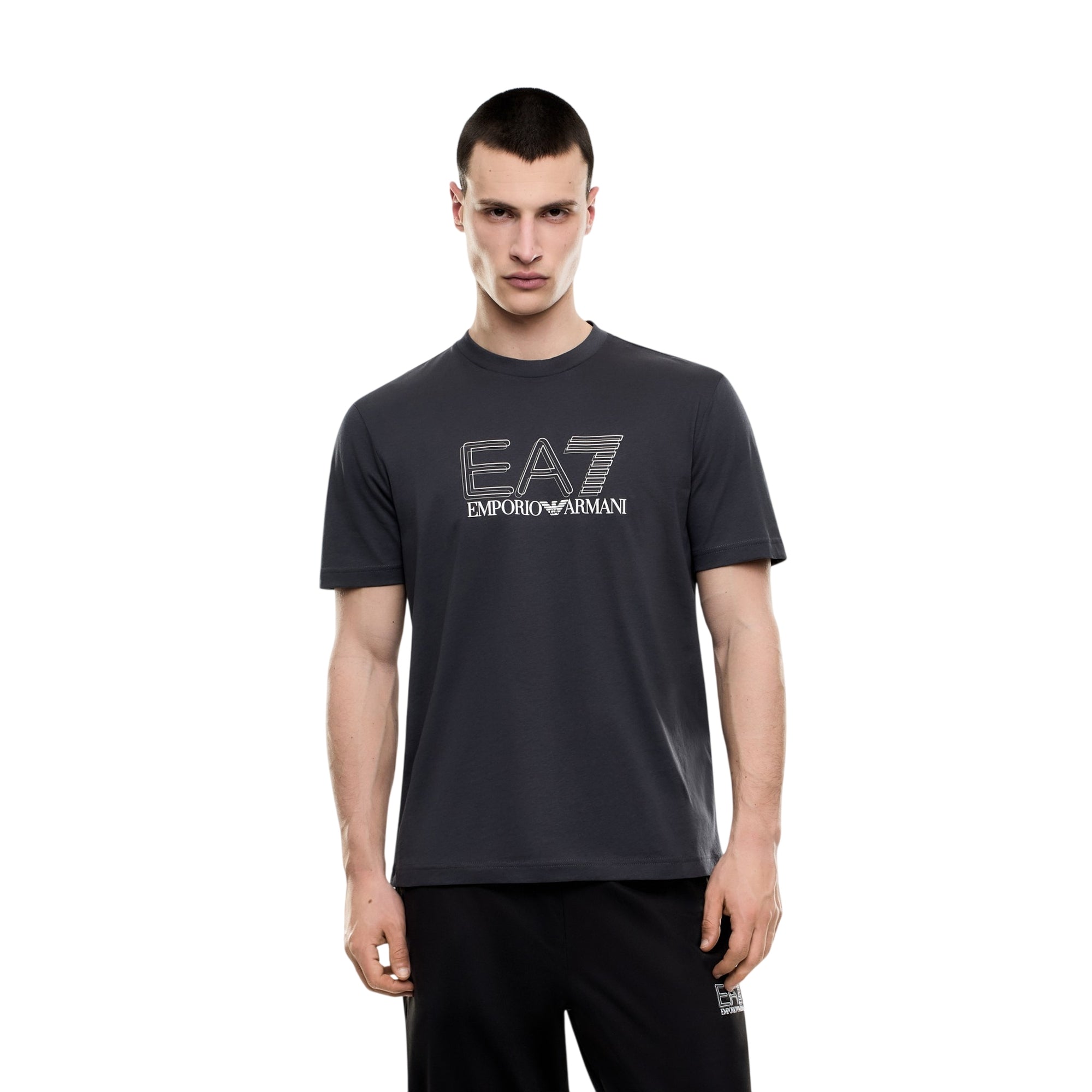 T-shirt Uomo Grigia, girocollo, con logo EA7 a contrasto