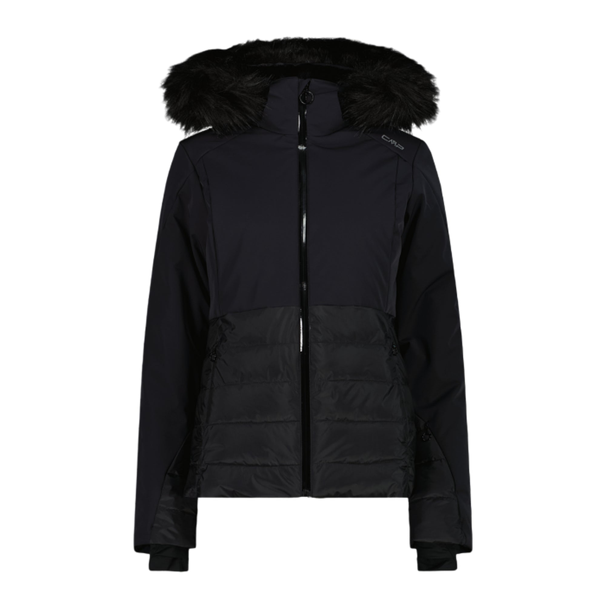 Giacca da sci nera Donna con cappuccio con ecopelliccia