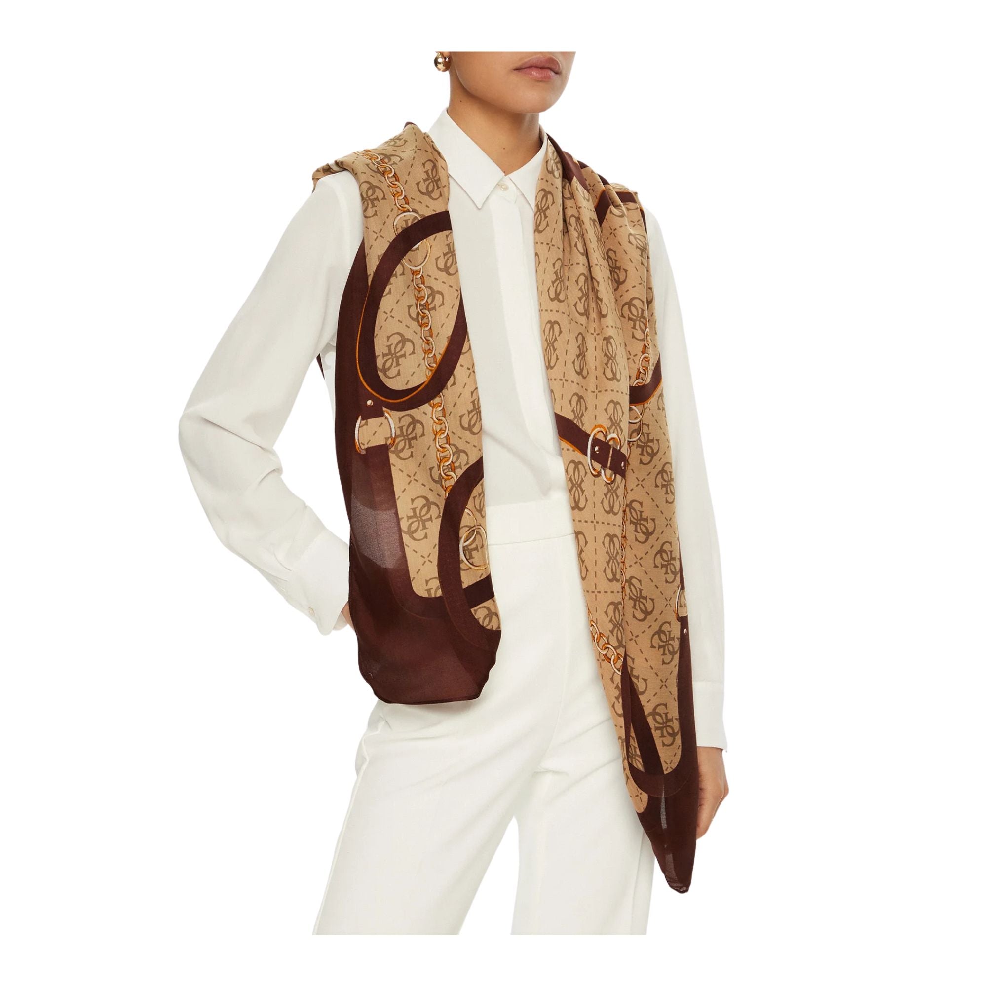 Guess Foulard Donna con logo all over Beige e Marrone modella frontale