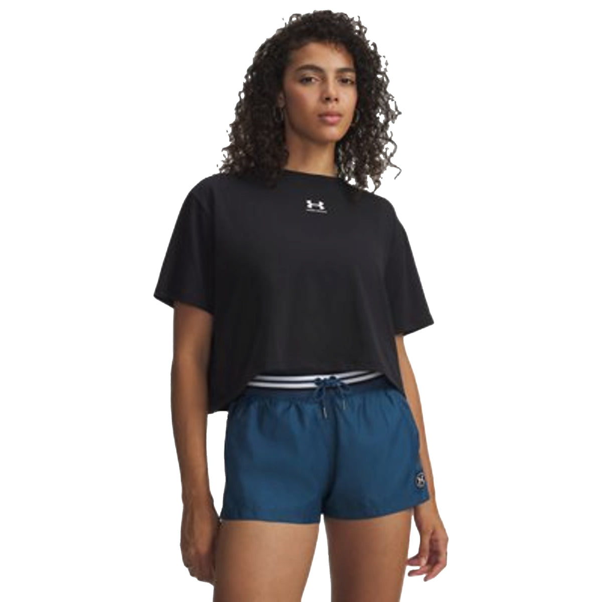 T-shirt Donna UA Rival Boxy Nero modella frontale