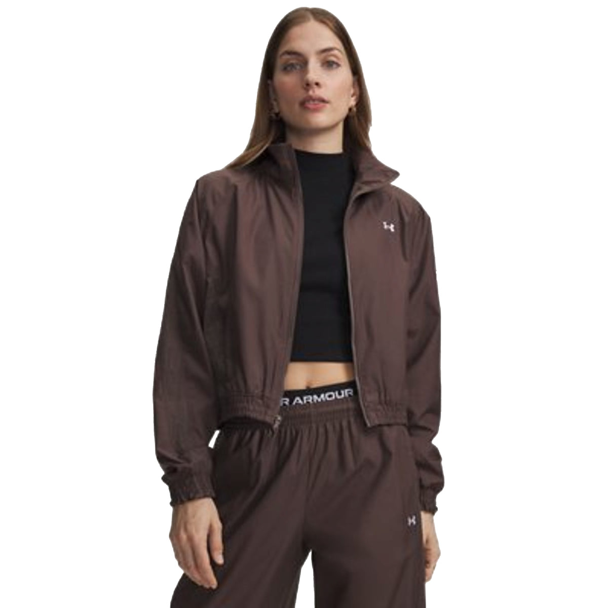 Giacca Donna UA Icon Woven Marrone modella frontale