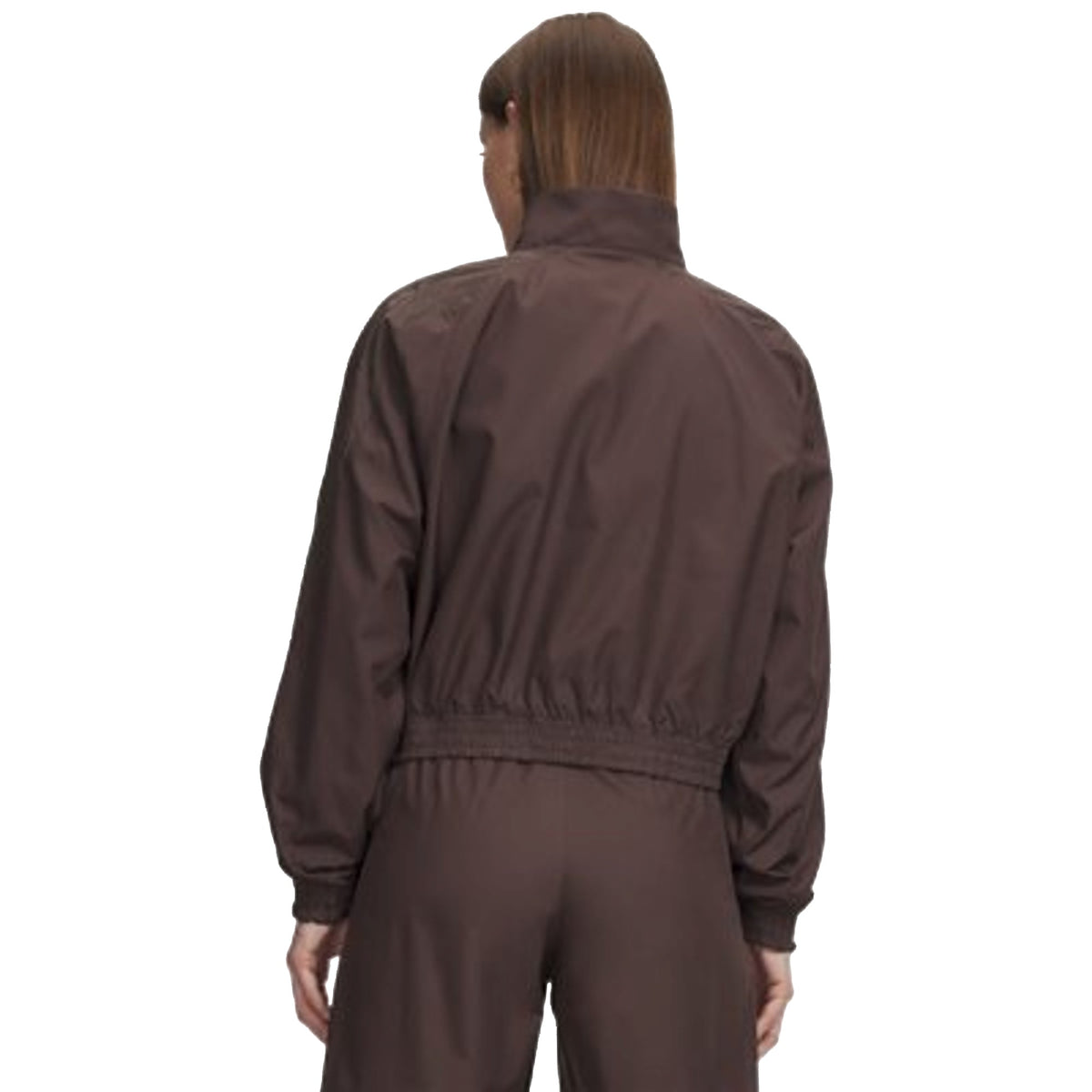 Giacca Donna UA Icon Woven Marrone modella retro