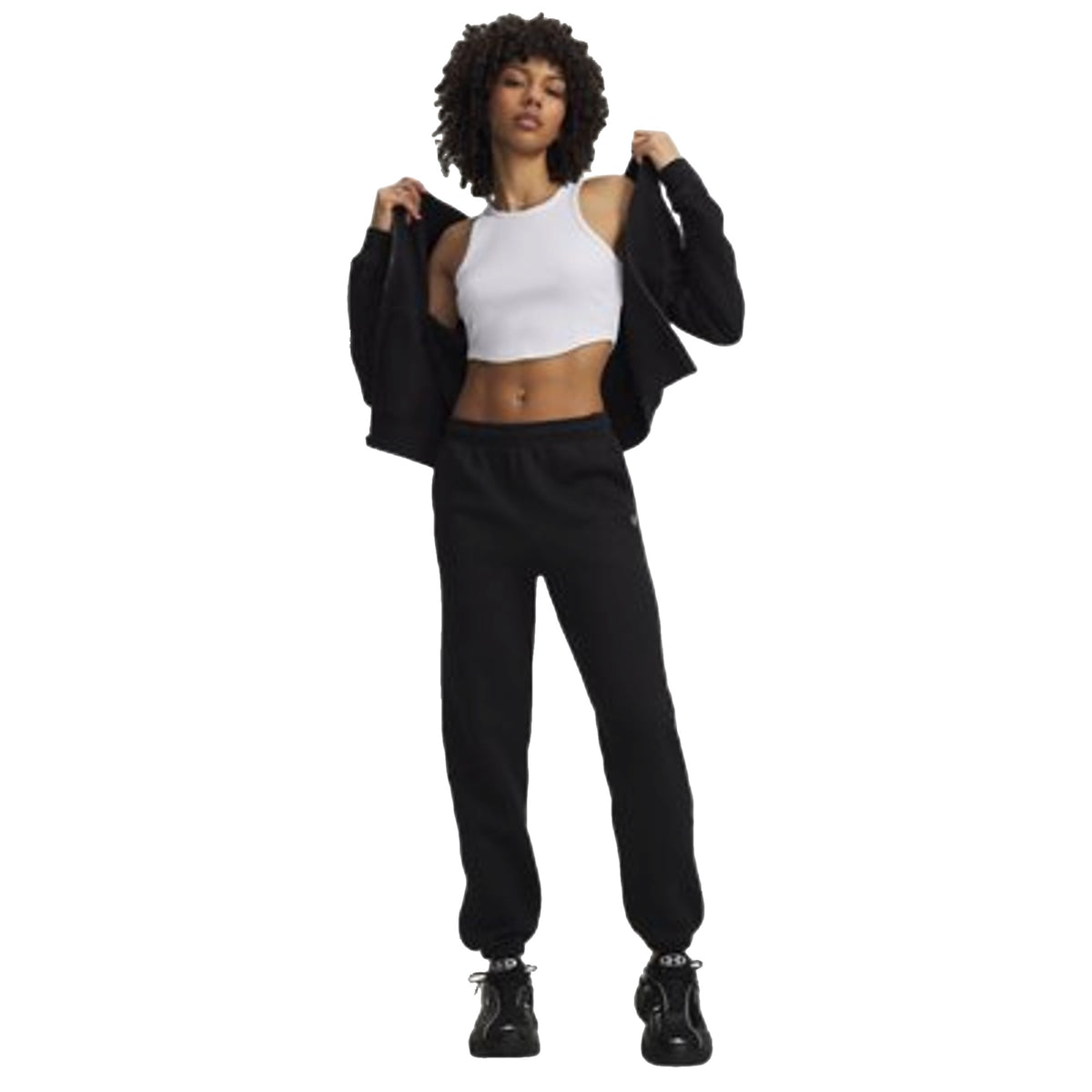 Pantalone sportivo Donna UA Rival Fleece, nero modella frontale