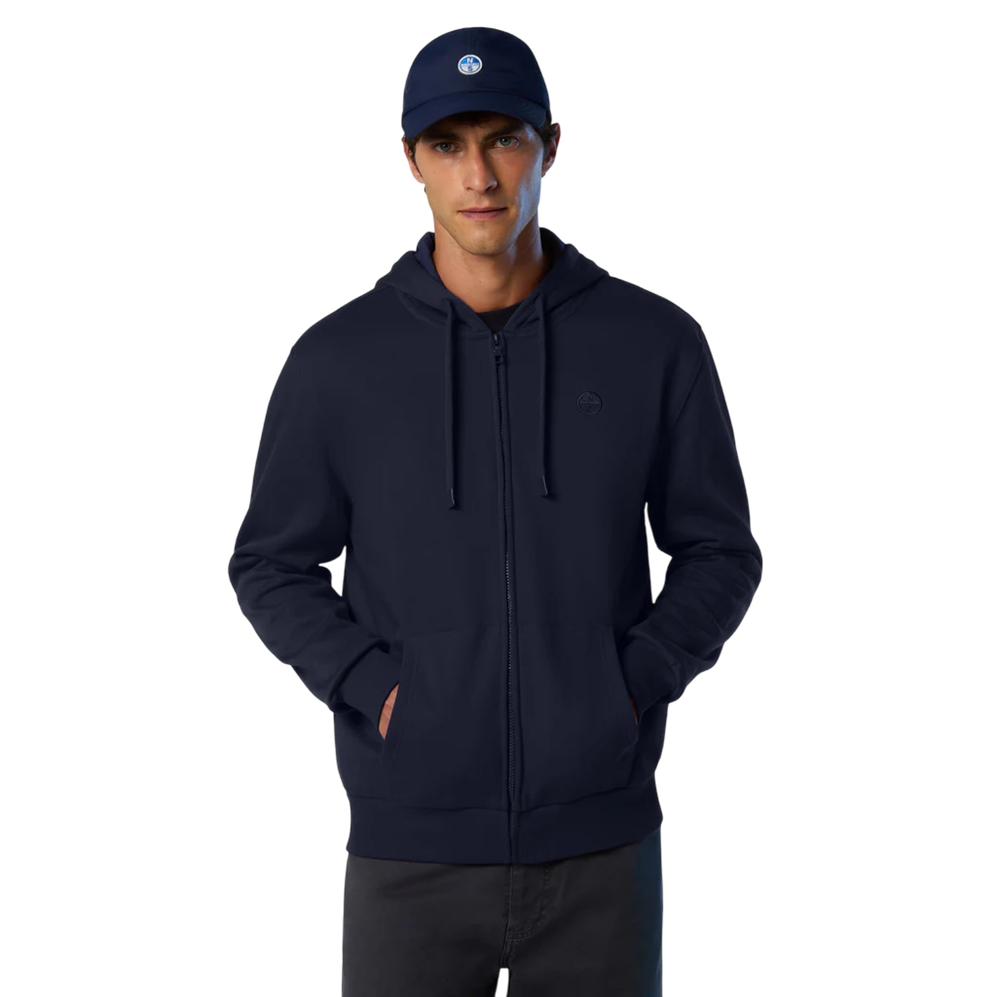 Felpa Uomo con cappuccio e logo ricamato Navy modello frontale