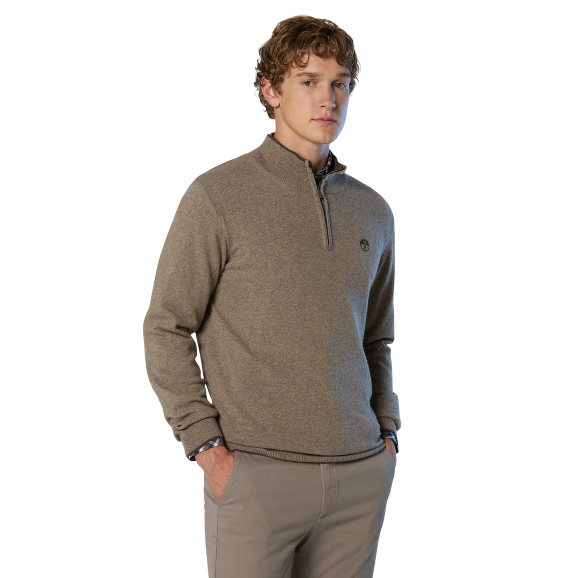 Maglione Uomo con zip 1/4 Marrone modello frontale