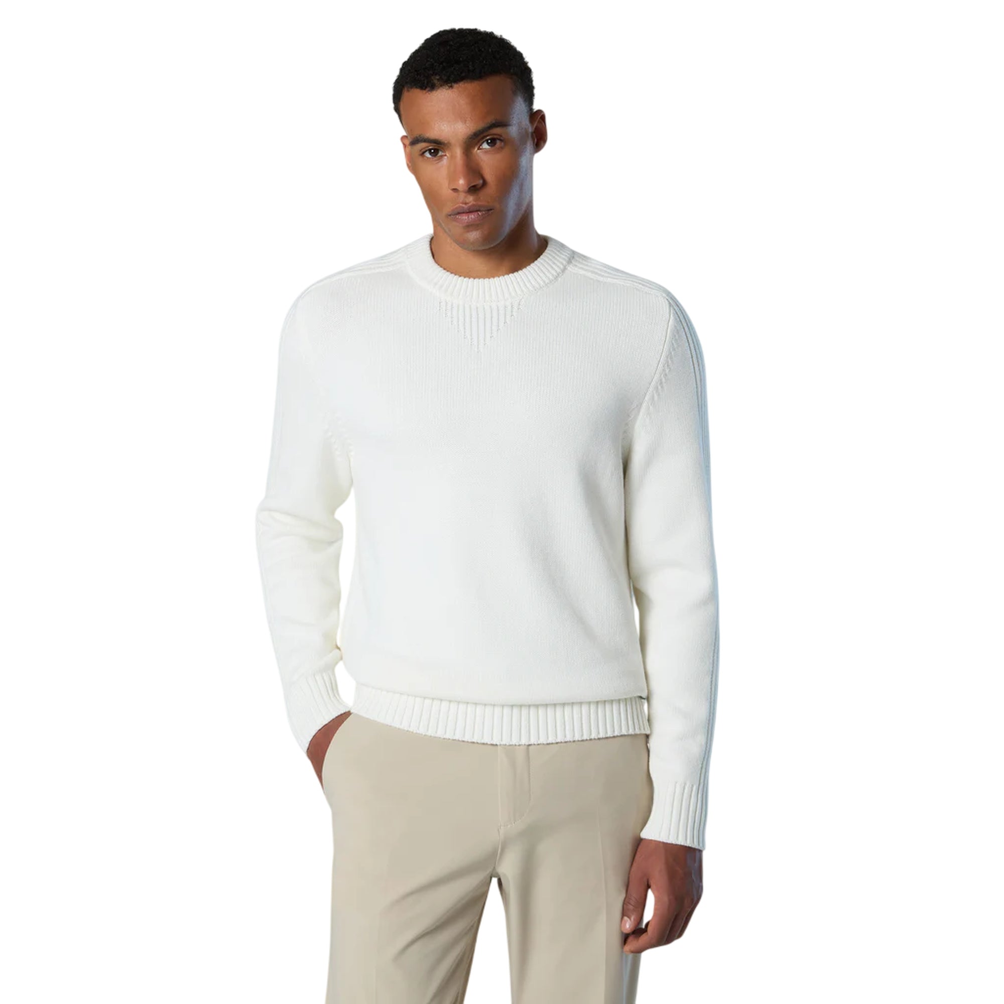 Maglione girocollo Uomo con dettagli a coste bianco modello frontale