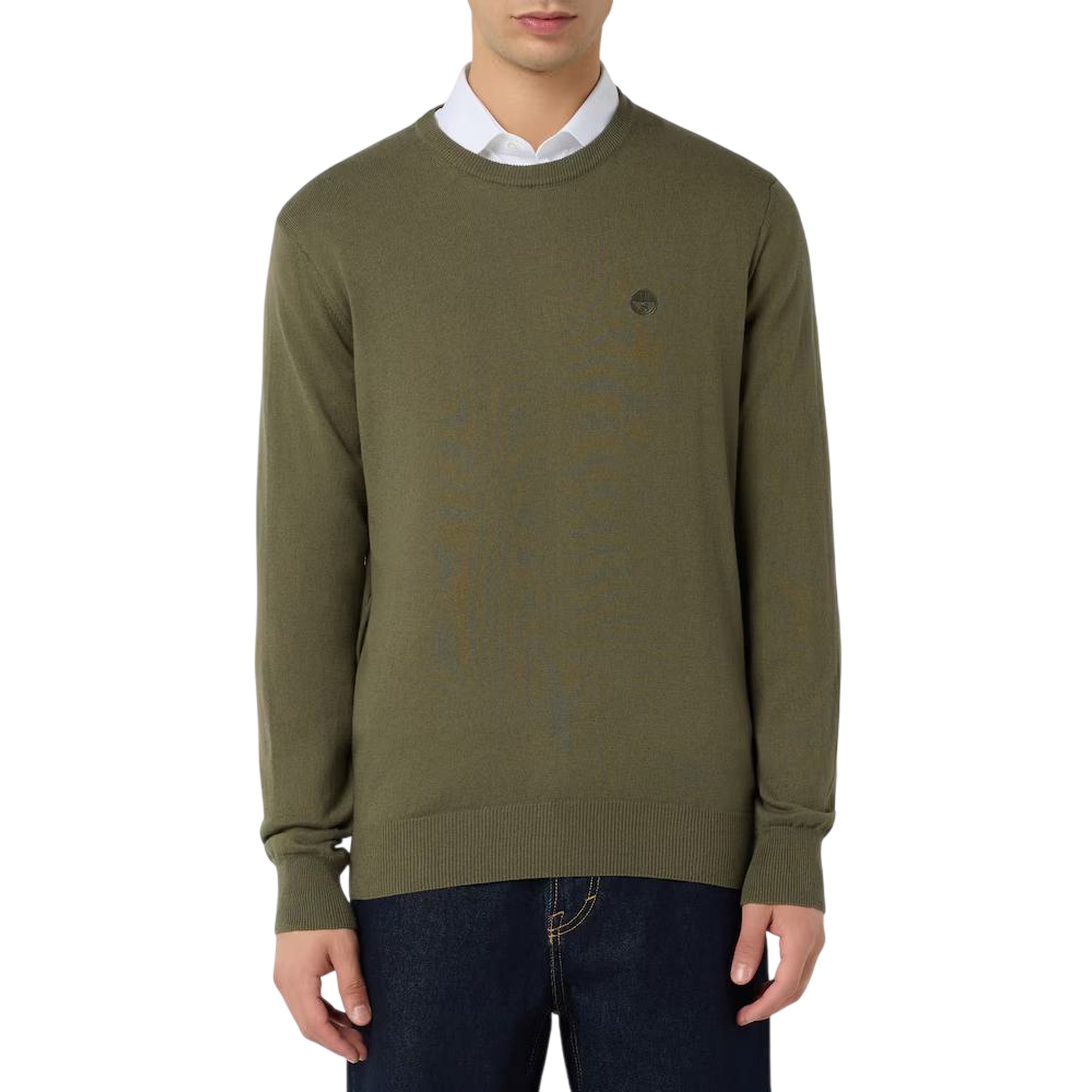 Pullover Uomo Verde in filato di lana e cotone a tinta unita, con mirco logo