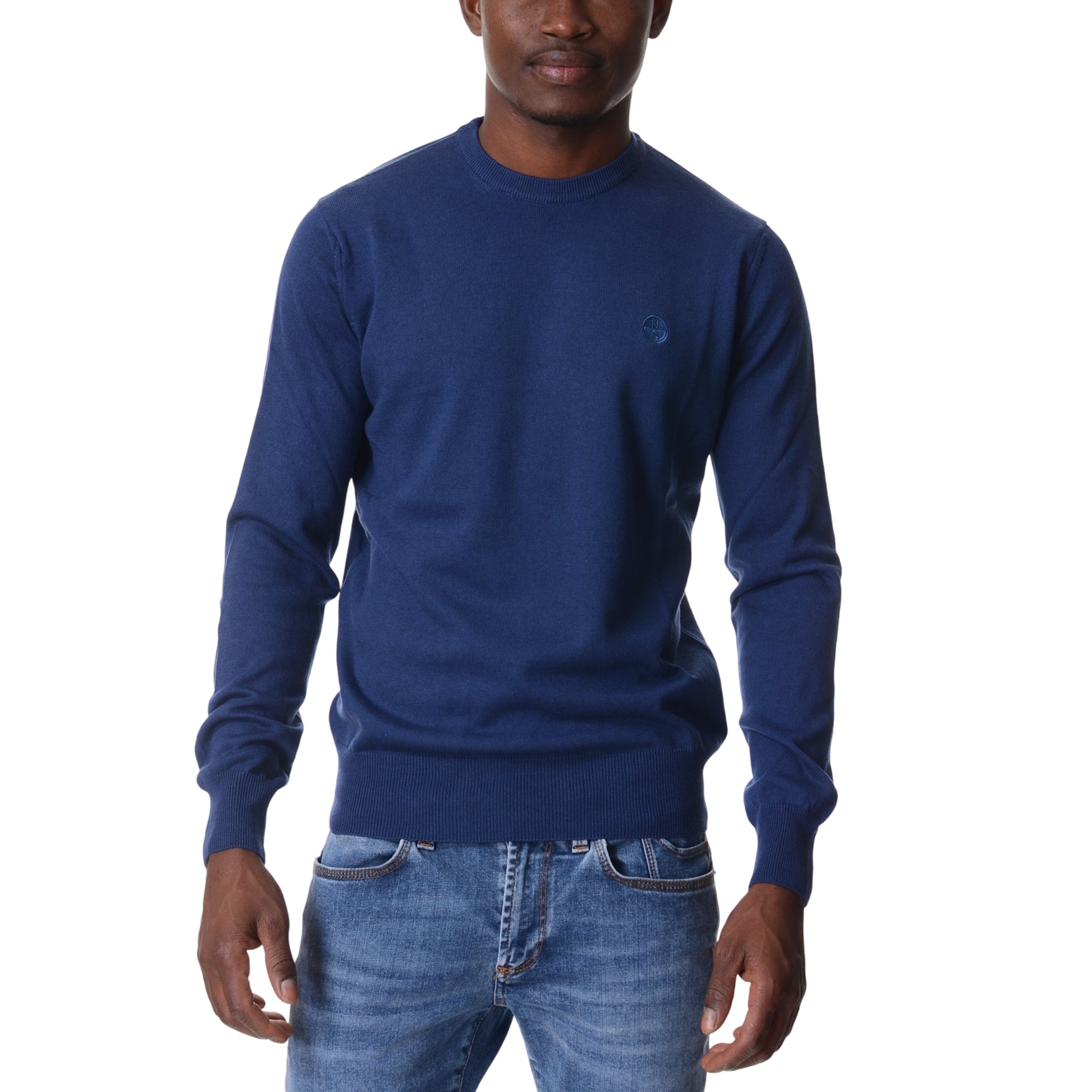 Pullover Uomo Blu in filato di lana e cotone a tinta unita, con mirco logo