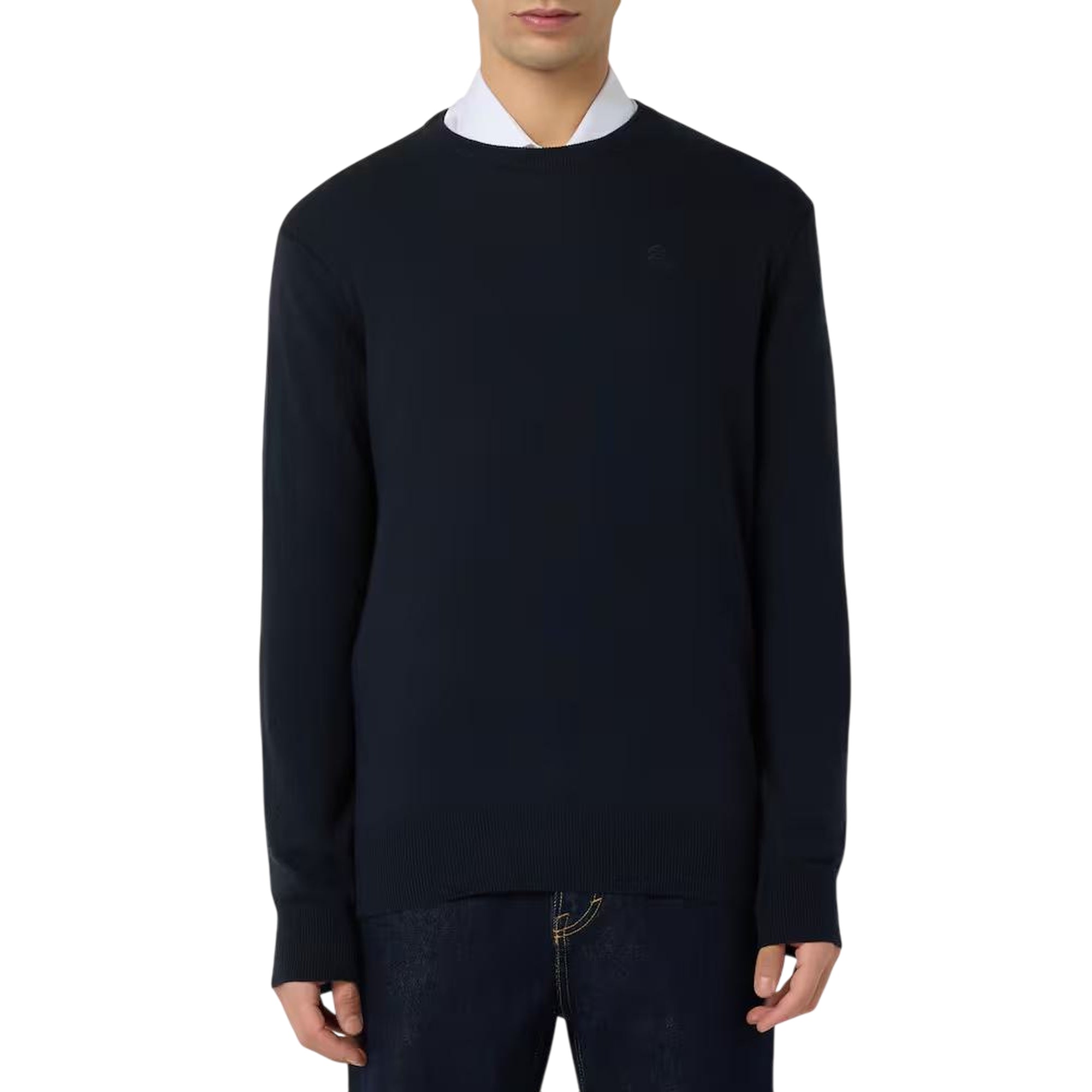 Pullover Uomo in filato di lana e cotone a tinta unita, con mirco logo