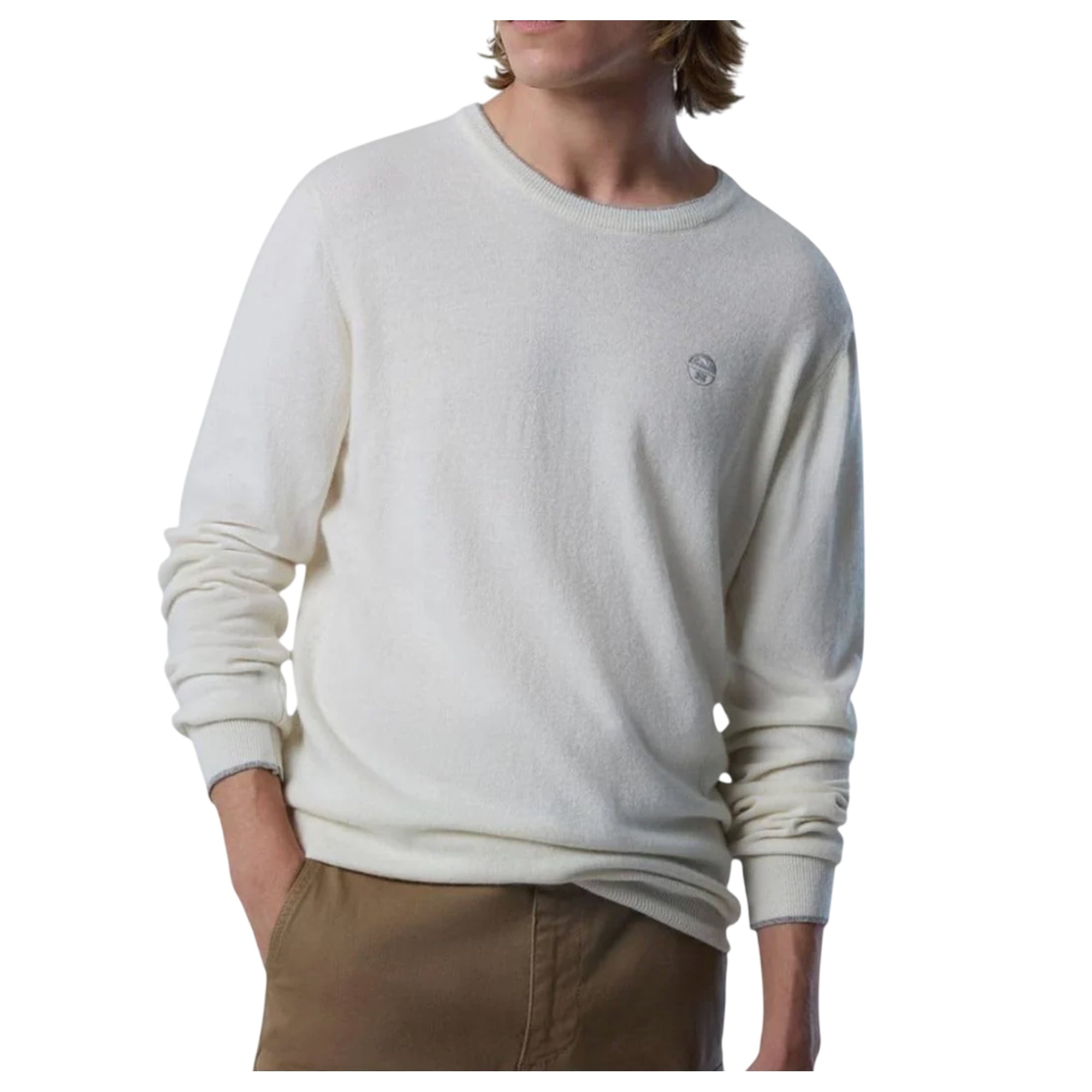 Maglia Uomo in misto cashmere Bianco, con bordino a costine e logo ricamato sul petto
