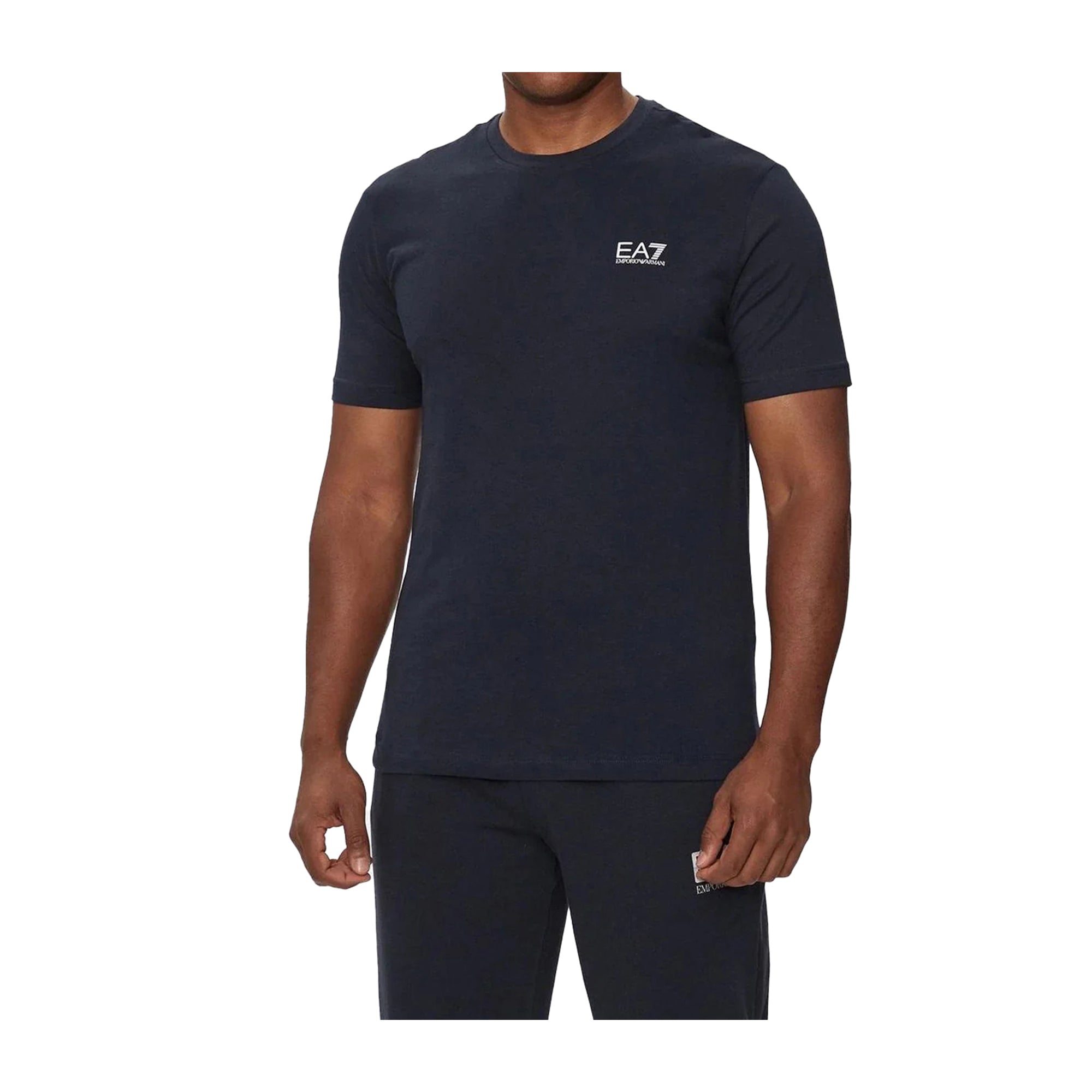T-shirt blu a mezza manica tinta unita con logo piccolo stampato sul petto T-shirt blu a mezza manica tinta unita con logo piccolo stampato sul petto