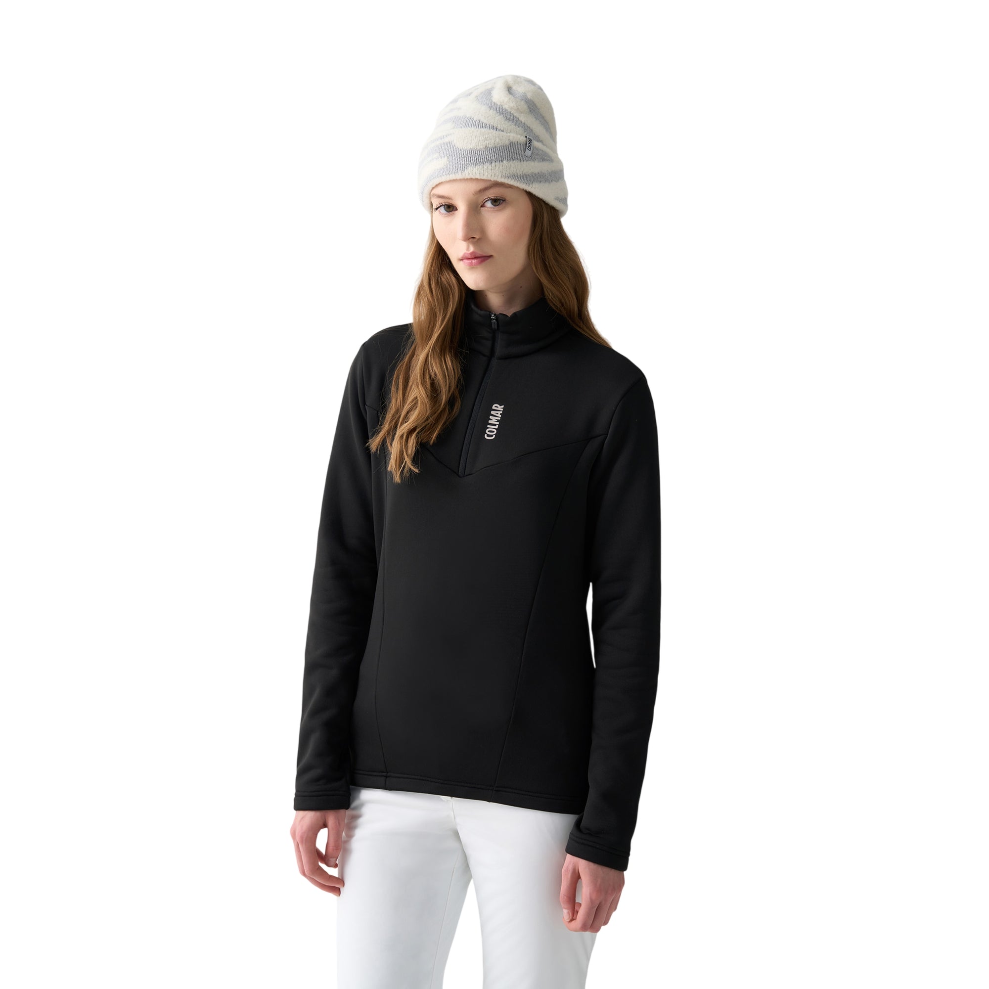 Pile da Sci Donna con zip 1/4 Nero modella frontale