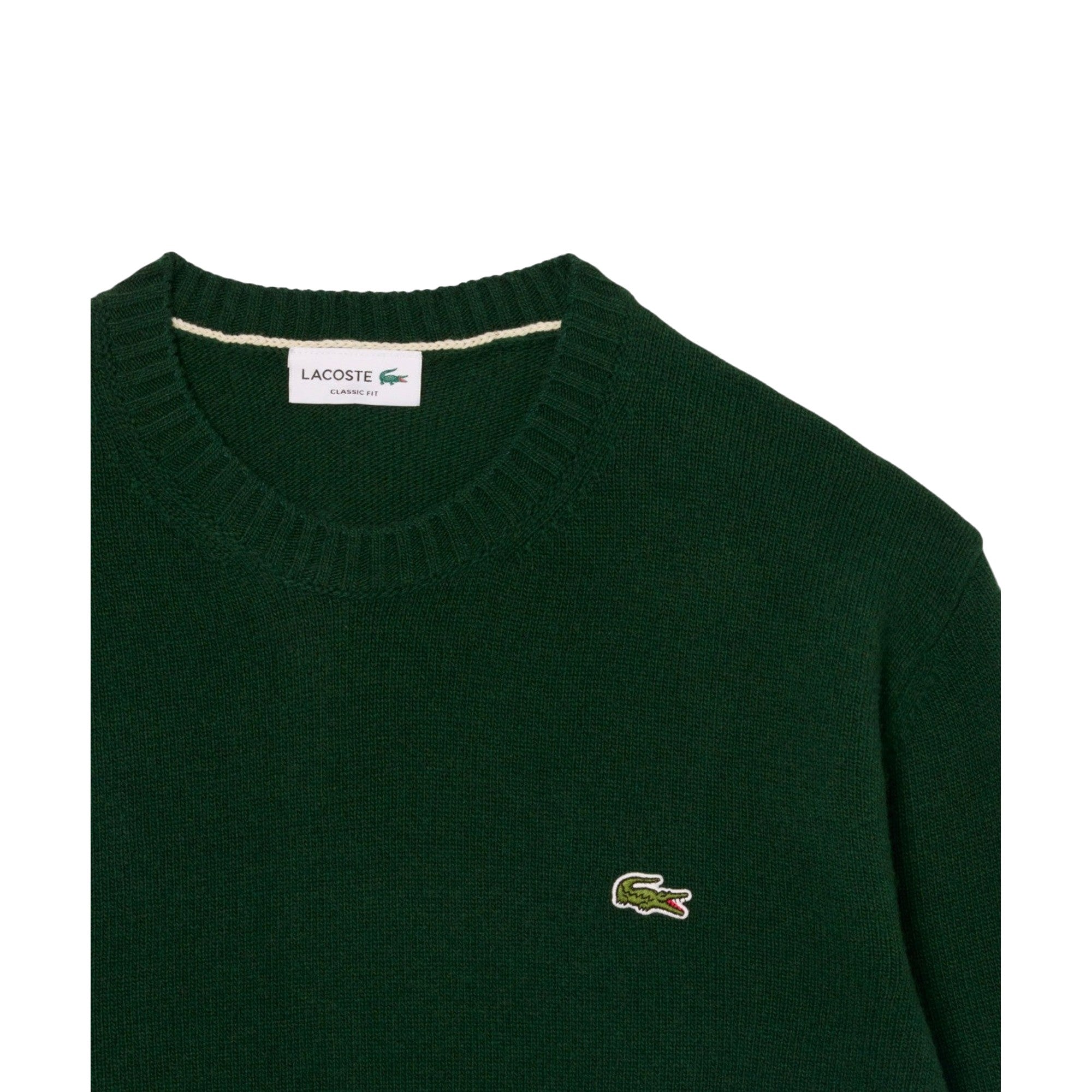 Pullover Uomo Verde in lana, a girocollo, rifinito a coste