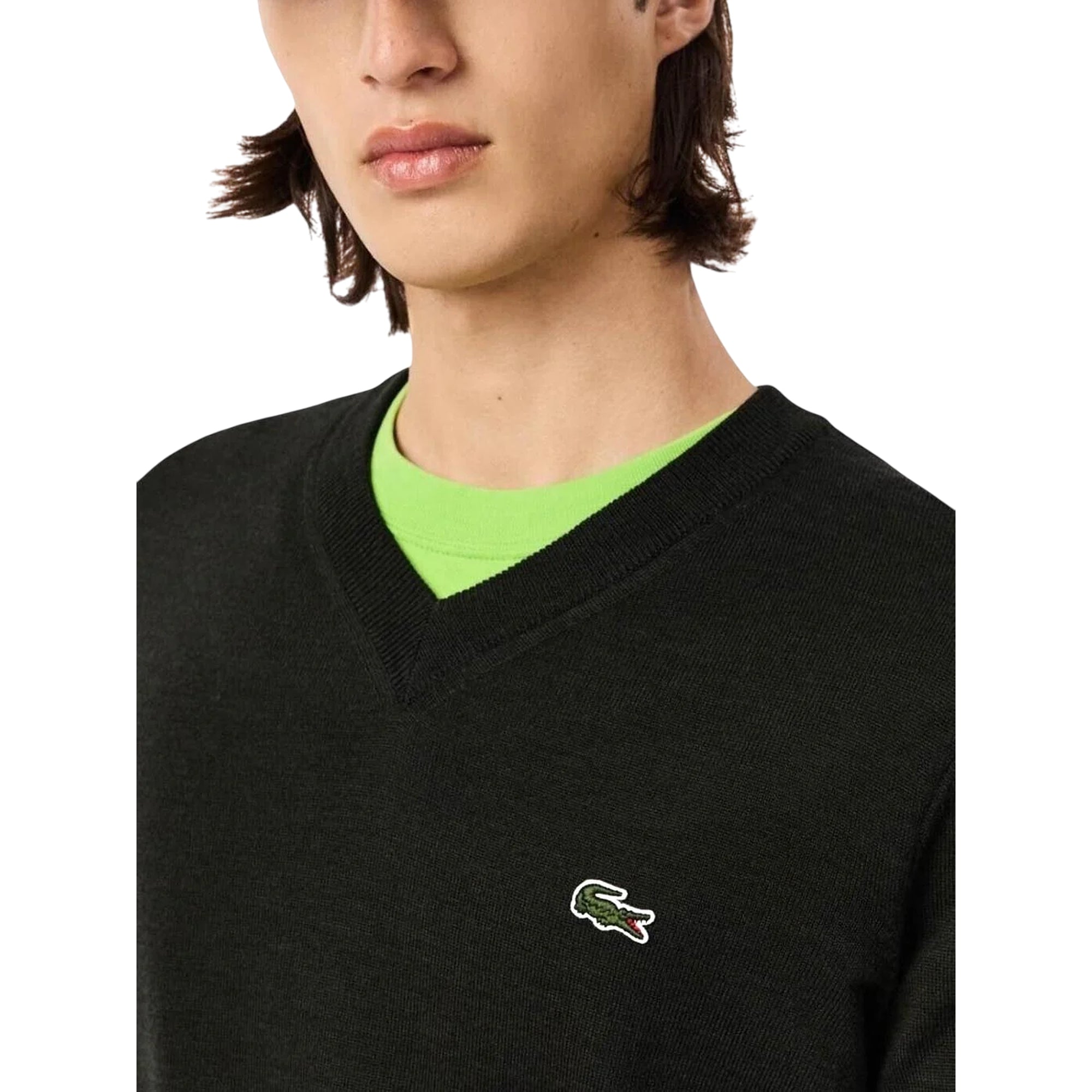 Pullover Uomo Verde Scuro in lana, dal design classico, con scollatura a V