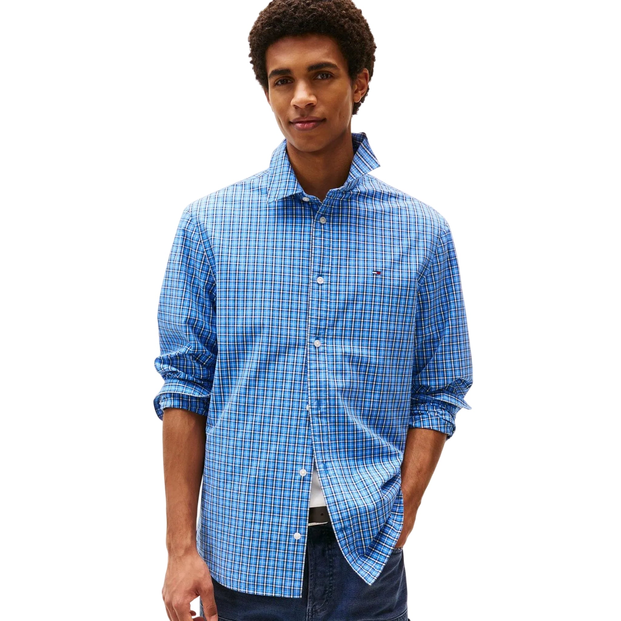 Camicia Uomo Celeste, in popeline a quadretti, con logo ricamato sul petto