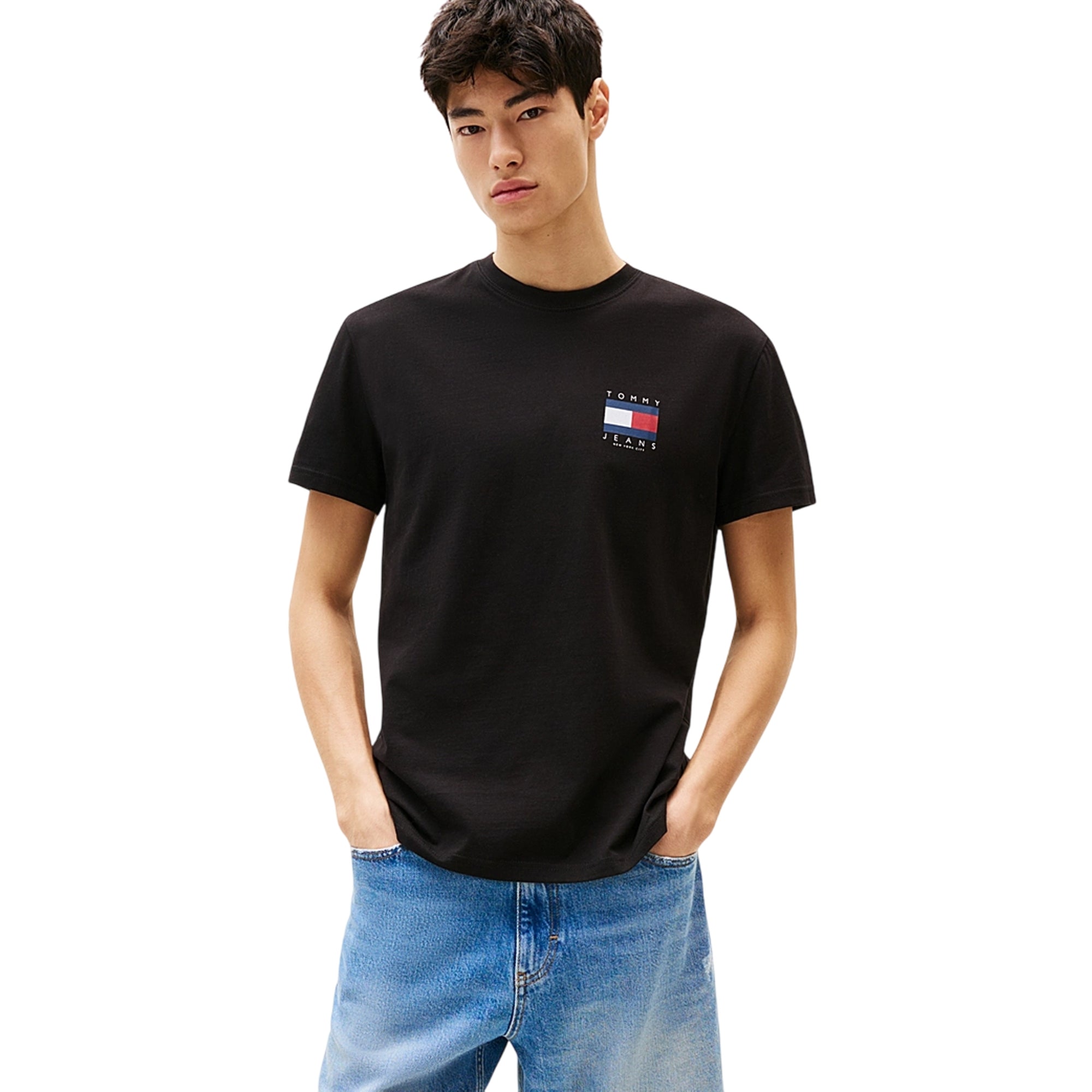 T-shirt Uomo Nera maxi stampa flag e girocollo