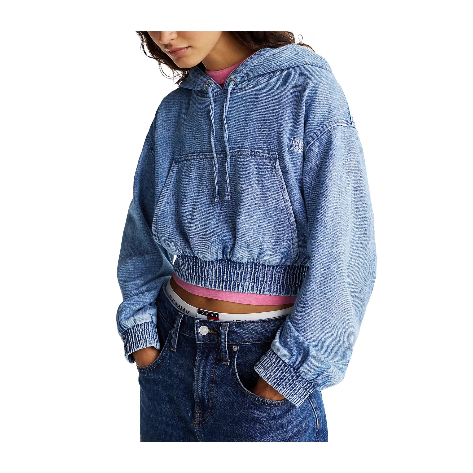 Felpa crop con cappuccio in denim