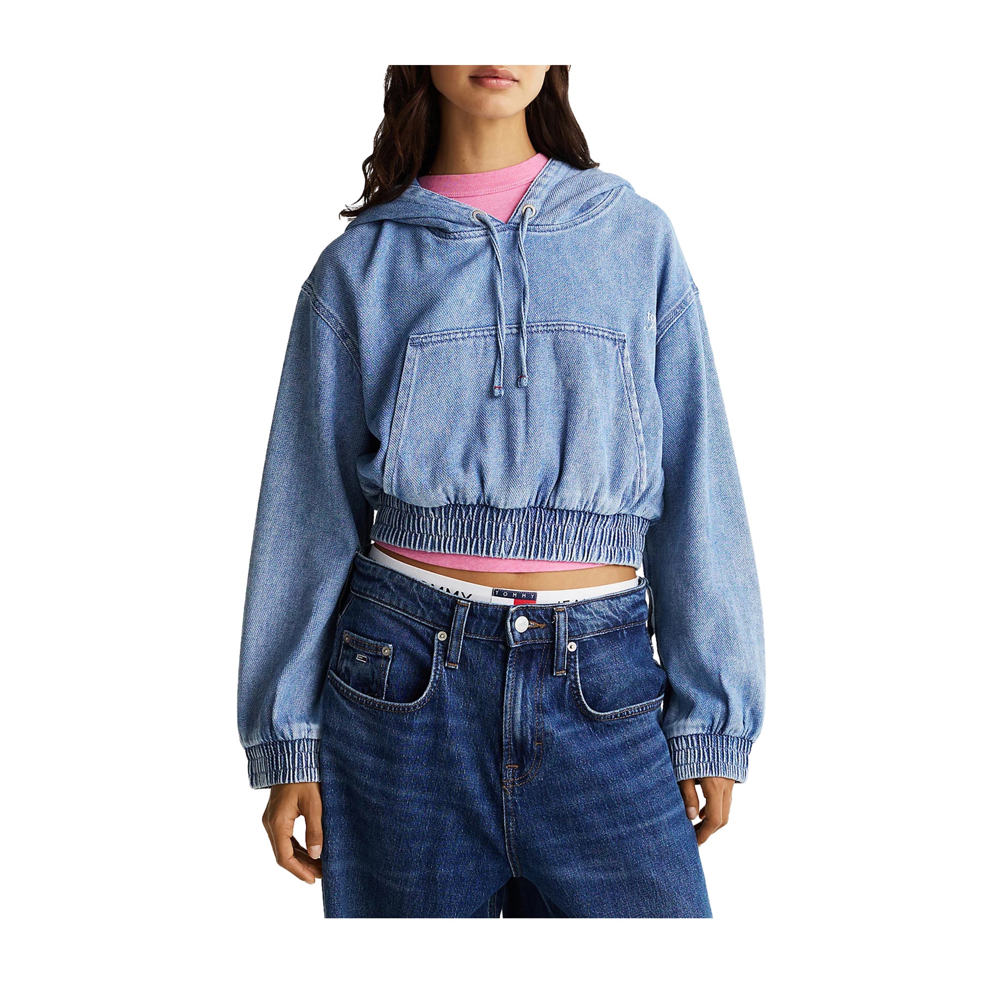 Felpa crop con cappuccio in denim
