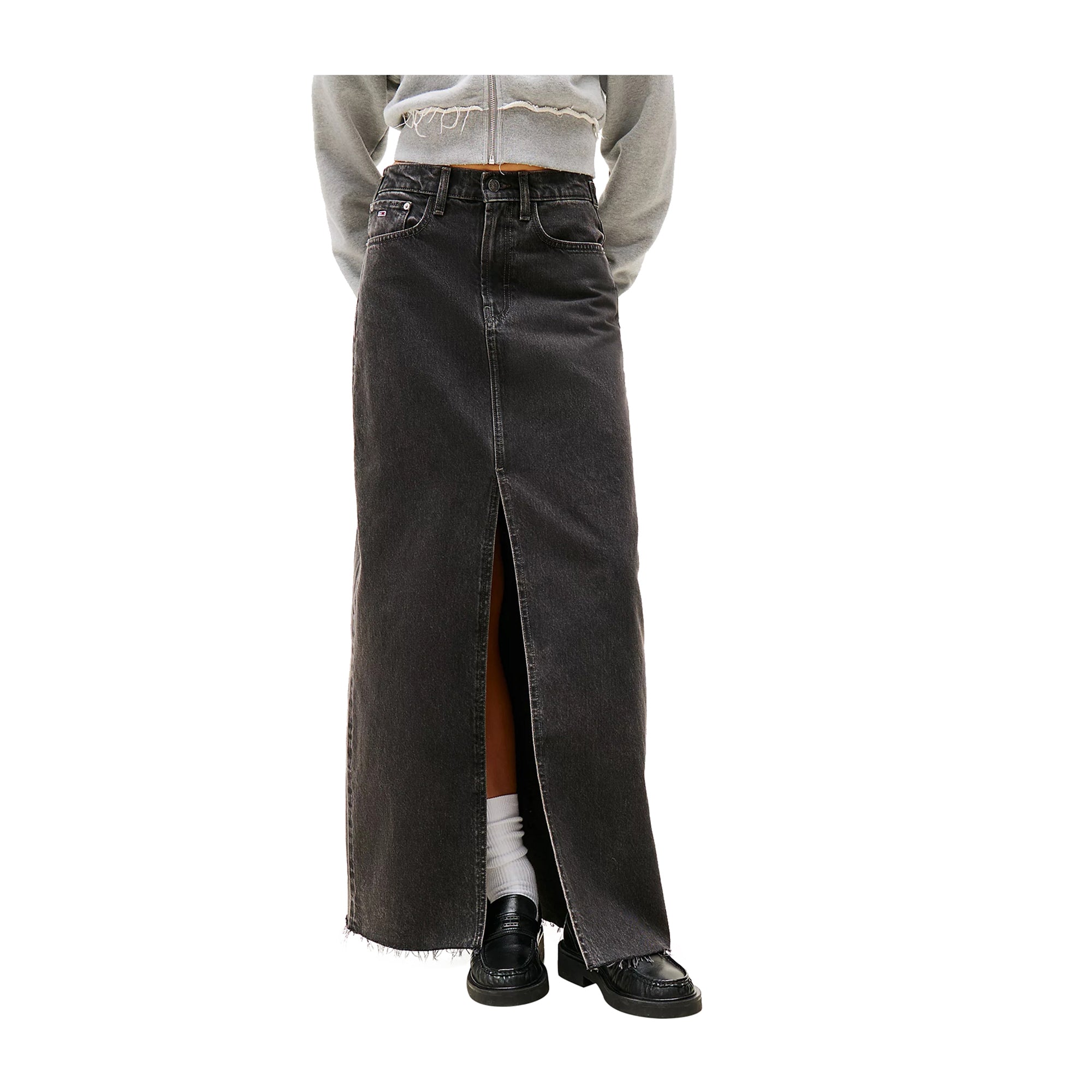 Gonna lunga in denim con orlo scucito Grigio