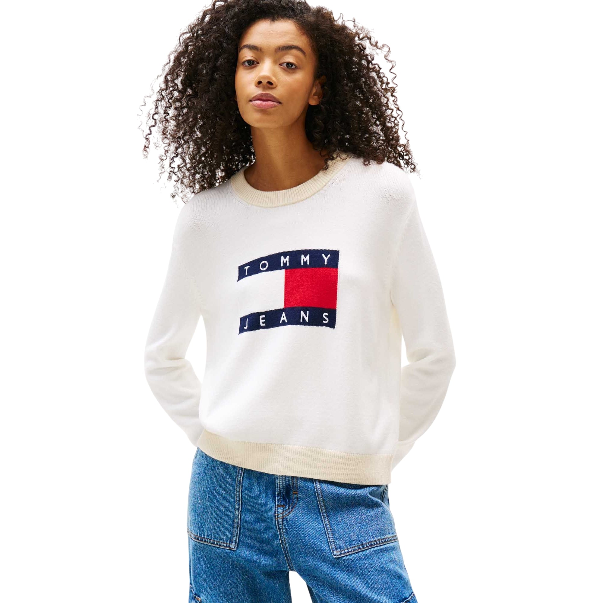 Maglia Donna a tinta unita, in cotone, con scollatura girocollo e flag frontale