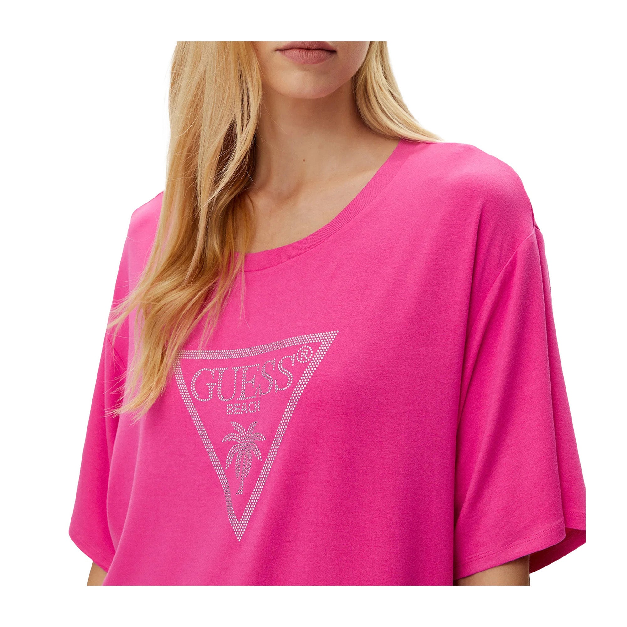 Guess T-Shirt Donna lunga con logo Fucsia