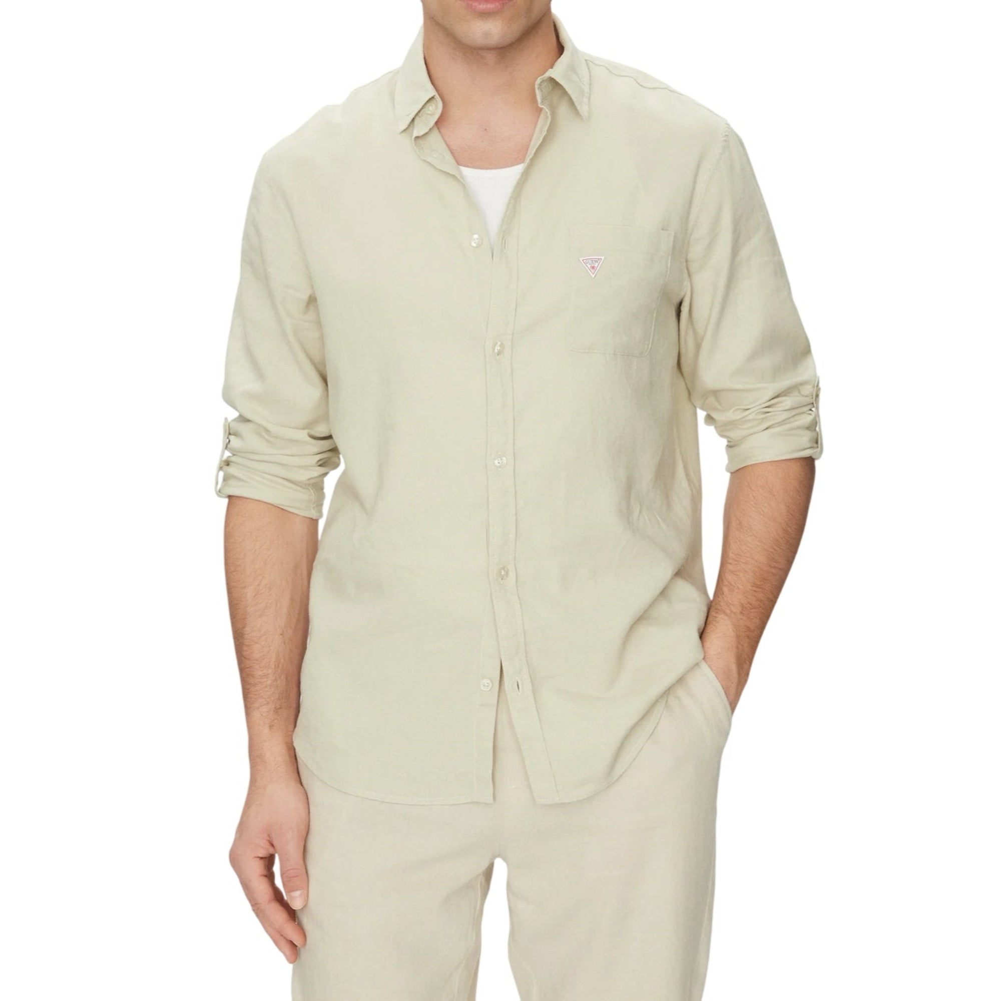 Camicia Uomo in lino e viscosa, con colletto classico e taschino