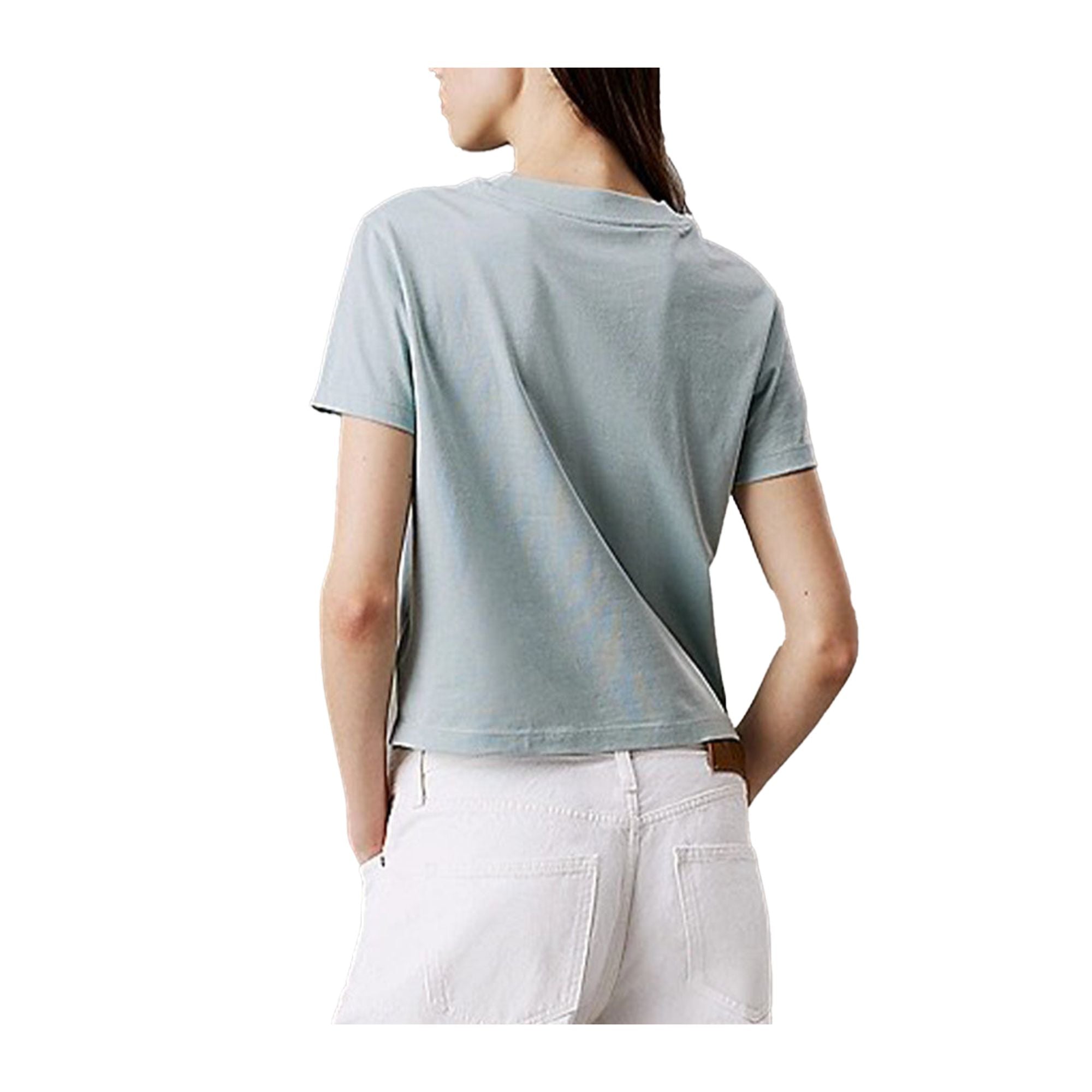 T-shirt Celeste Donna con mini logo frontale modella retro