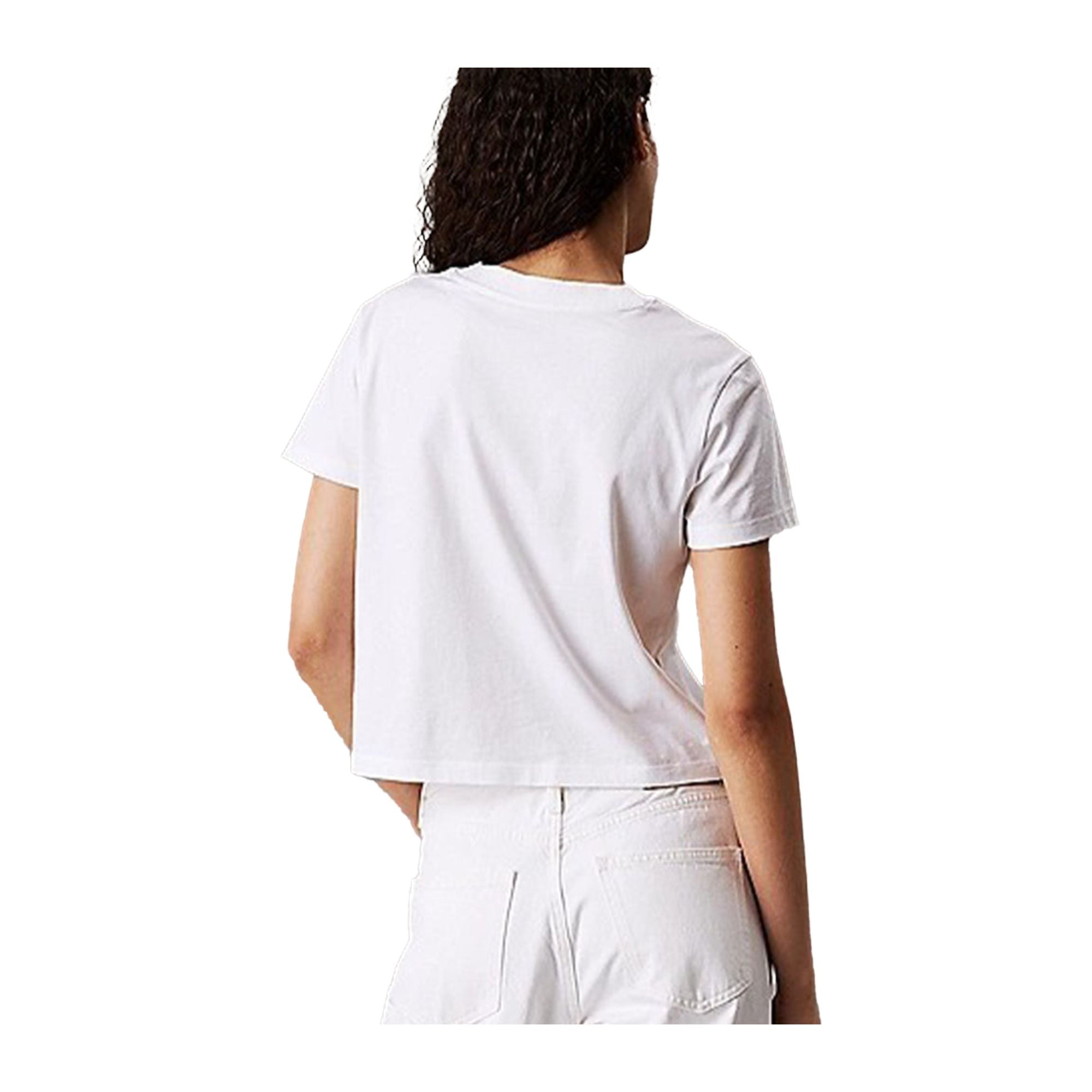T-shirt Bianca Donna con mini logo frontale modella retro