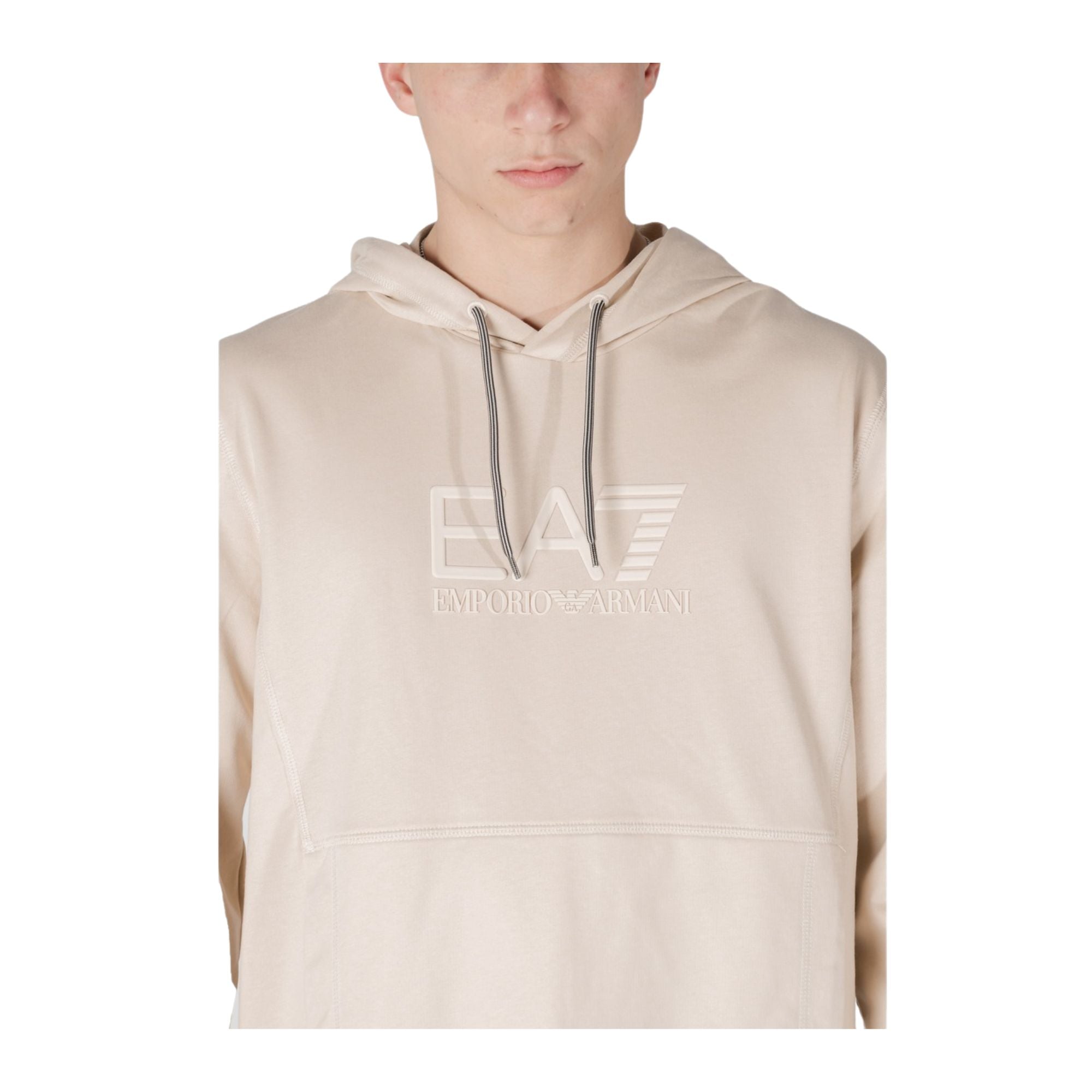 Felpa Uomo tinta unita beige con logo frontale modello frontale ravvicinato