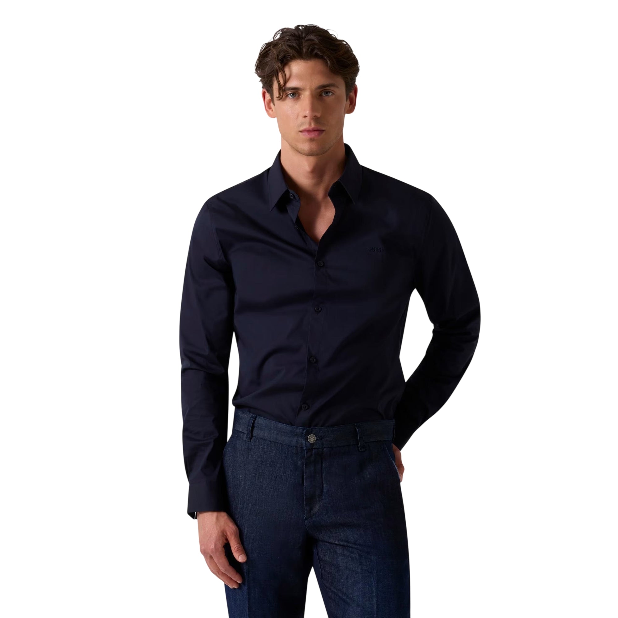 Camicia Uomo Slim fit Blu scuro modello frontale