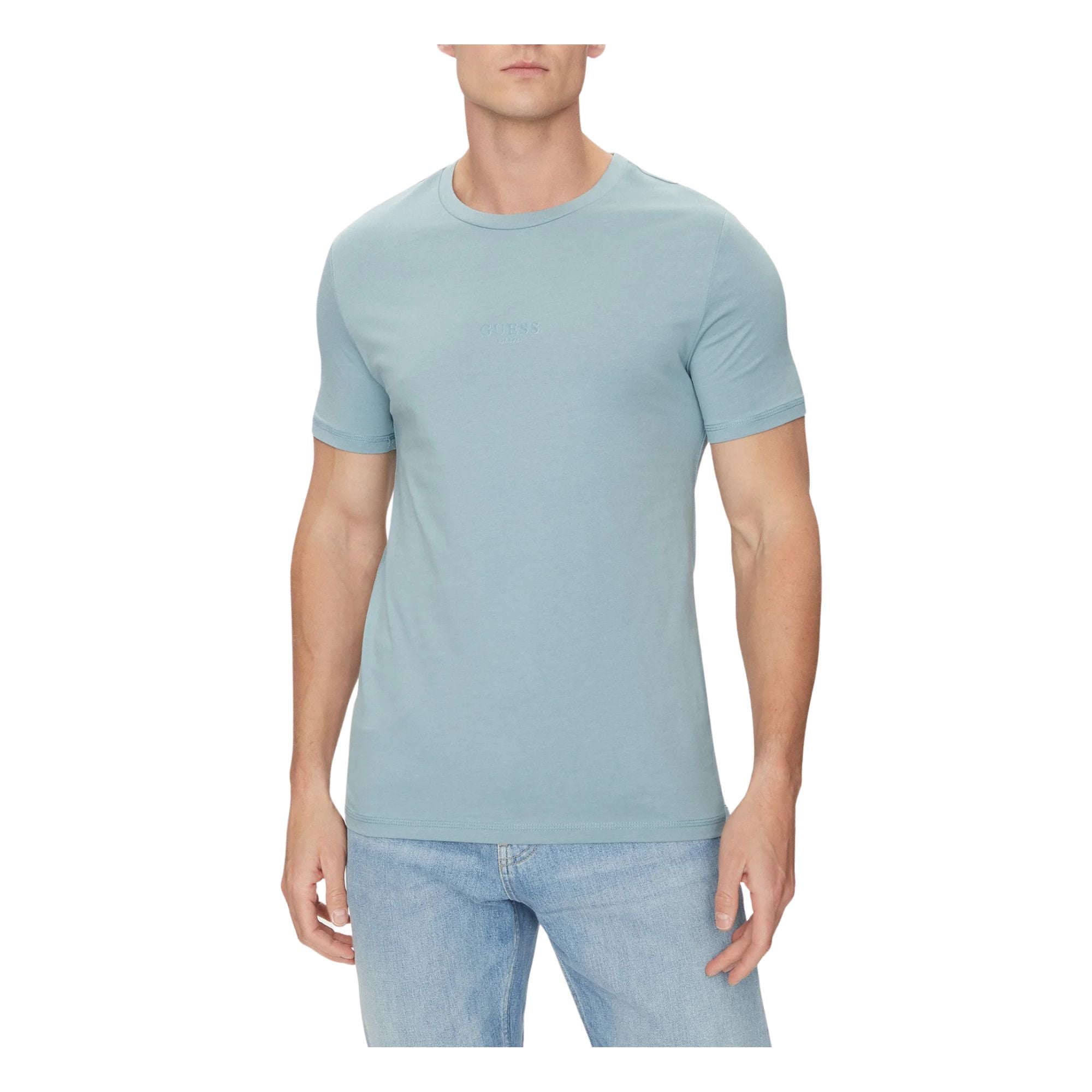 Guess T-shirt Uomo aderente con logo piccolo Celeste modello frontale