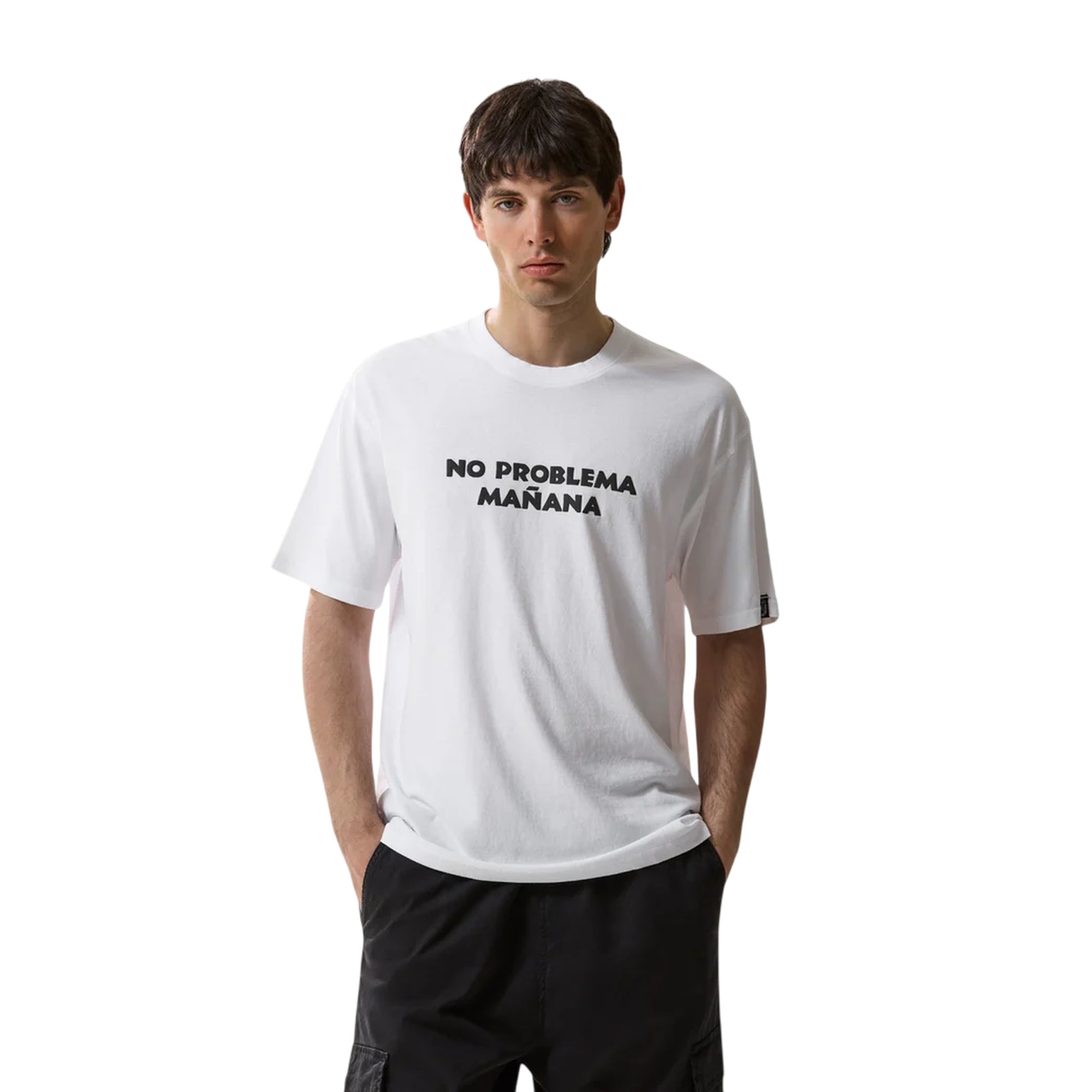 T-shirt Uomo Bianca stampa "No Problema Manana" modello frontale